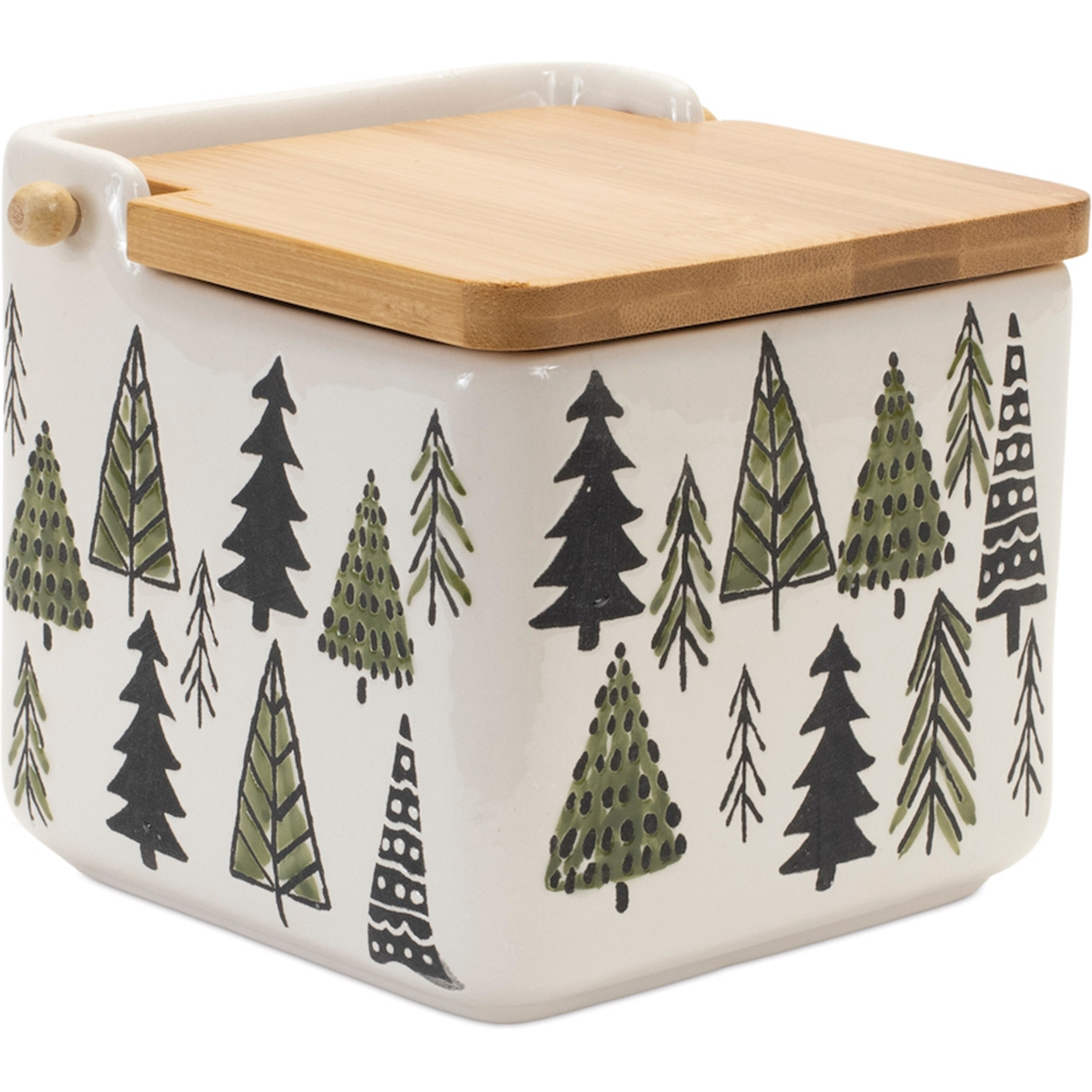 Ceramic Pine Tree Canister with Wood Lid 5.25&quotL