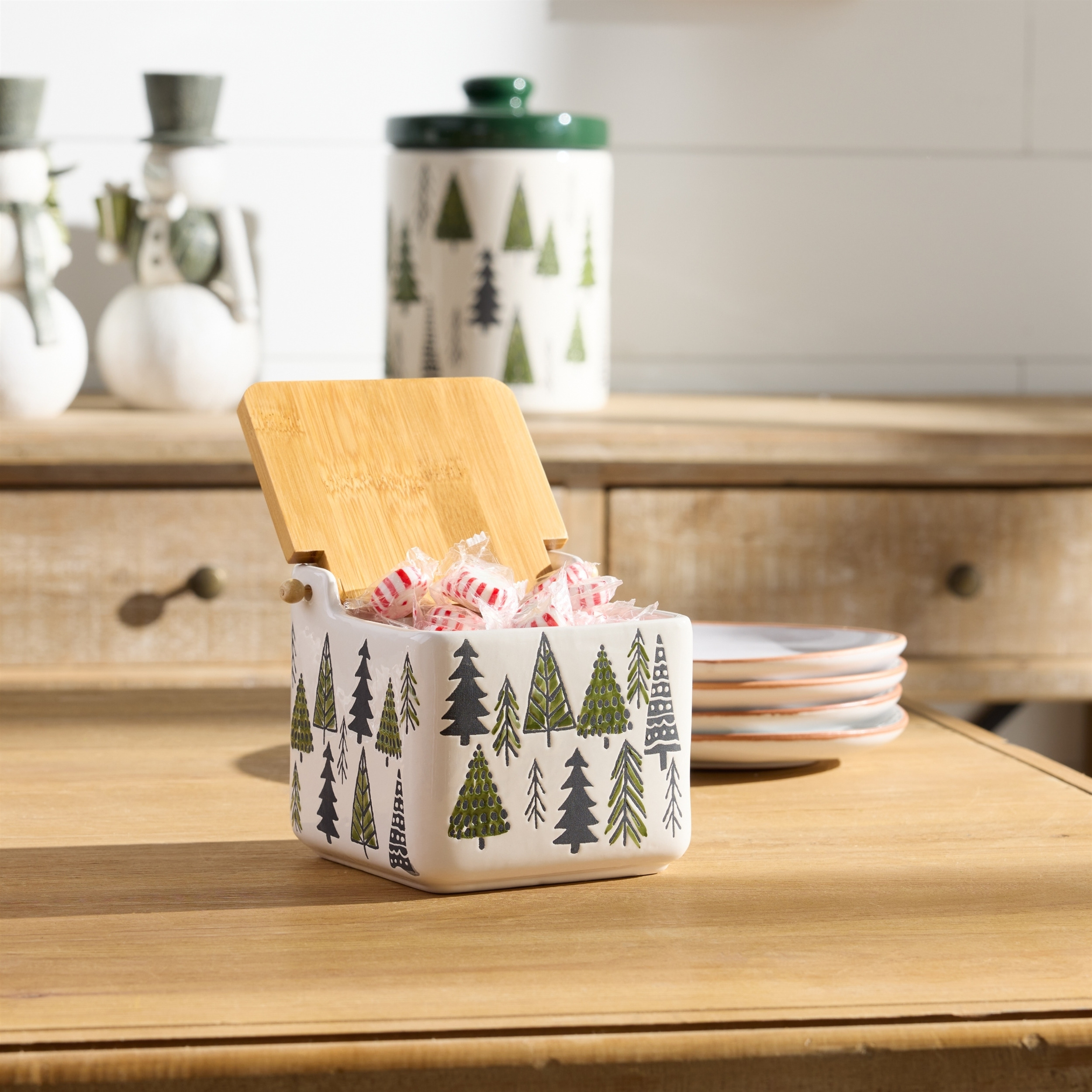 Ceramic Pine Tree Canister with Wood Lid 5.25&quotL