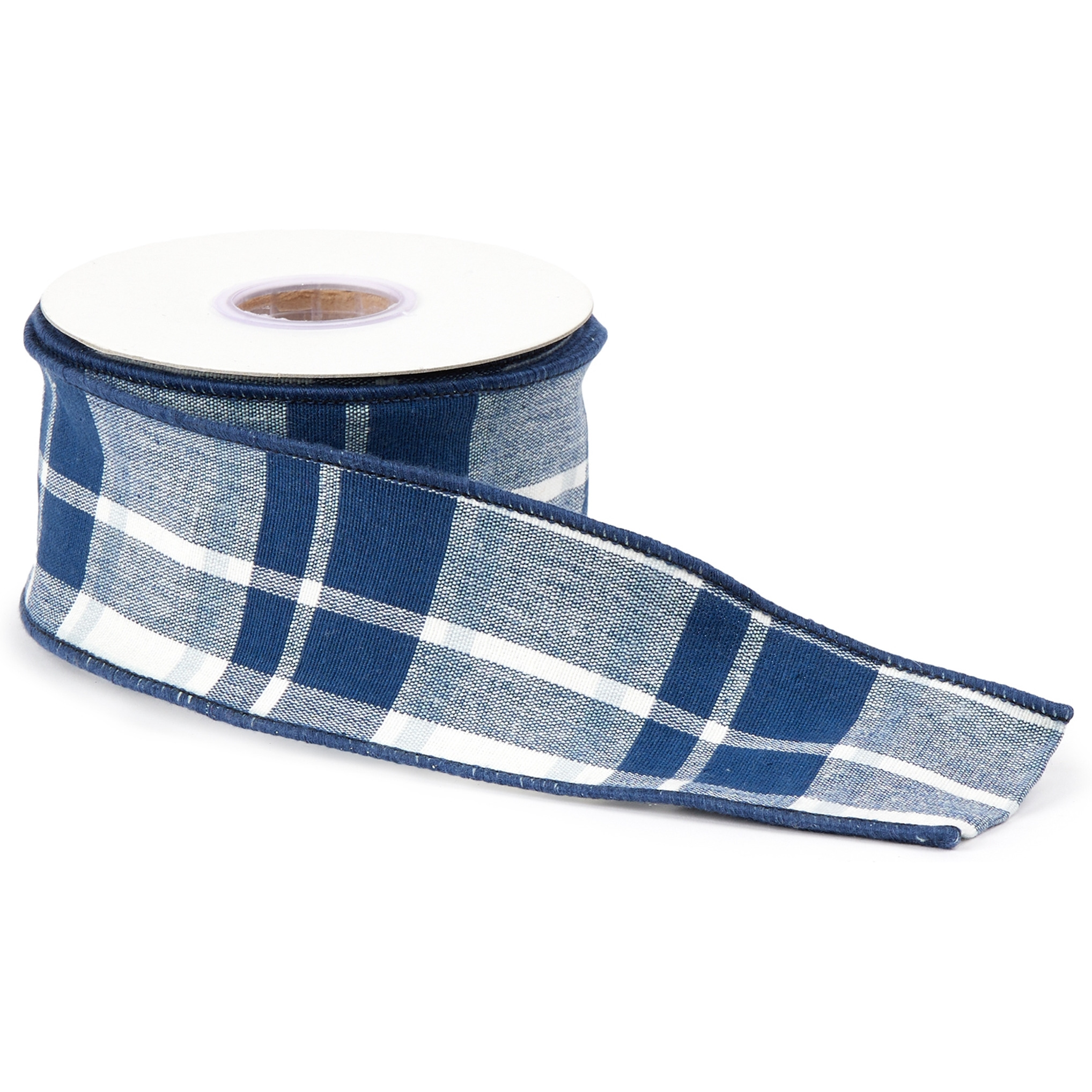 Navy Blue and White Plaid Wired Ribbon (Set of 2)