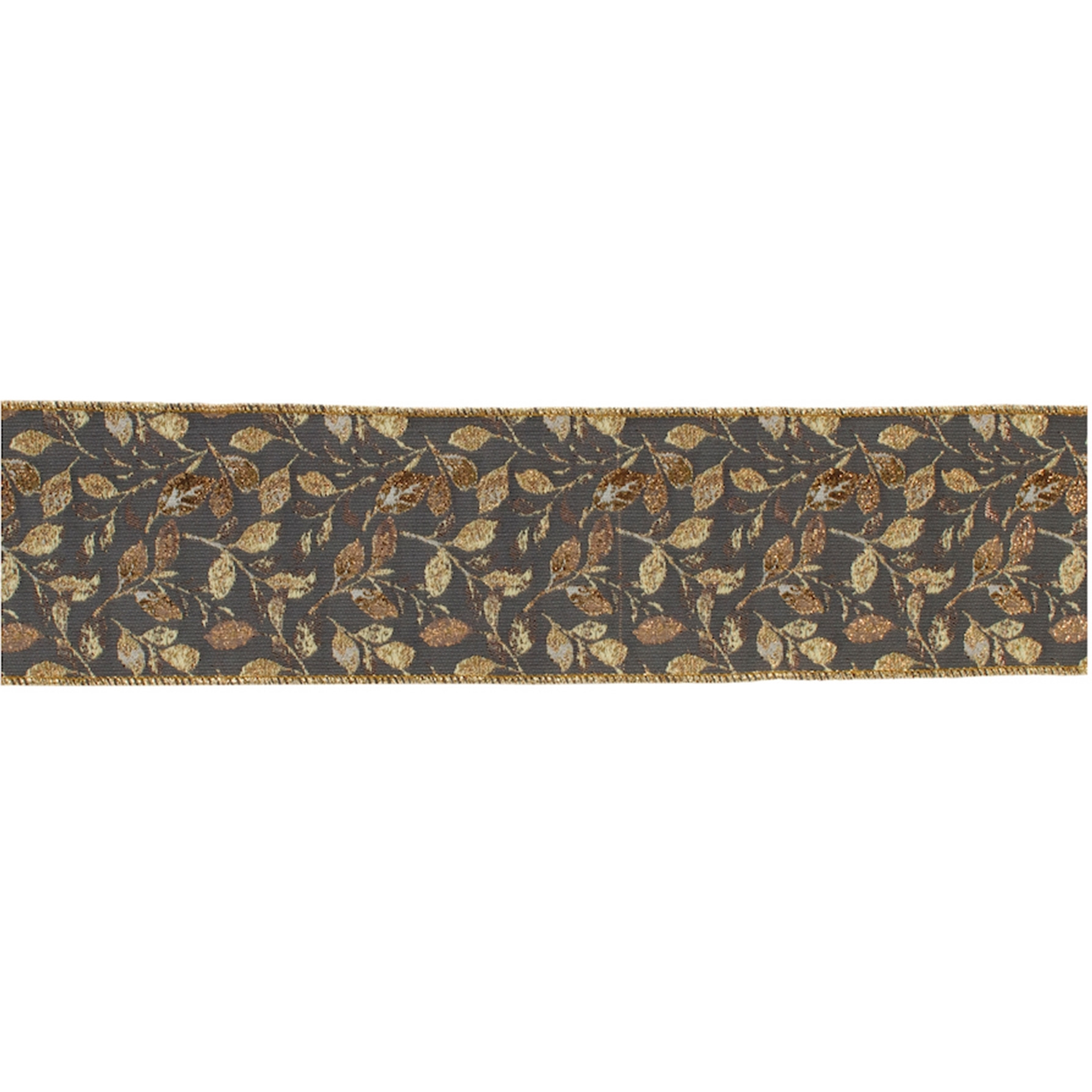 Grey and Gold Leaf Print Wired Ribbon 4" x 5yds