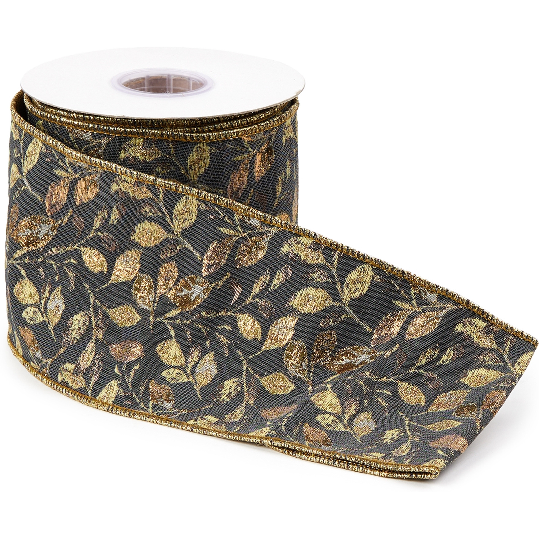 Grey and Gold Leaf Print Wired Ribbon 4" x 5yds