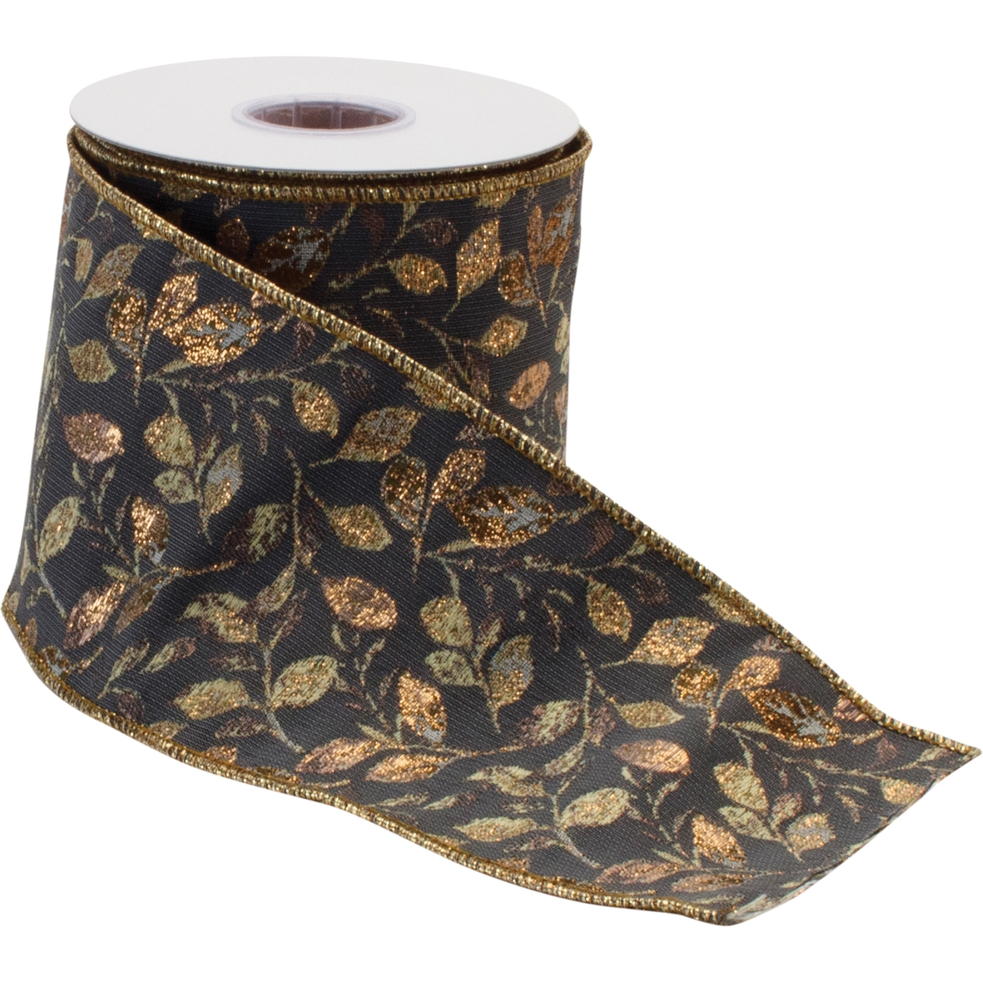 Grey and Gold Leaf Print Wired Ribbon 4" x 5yds