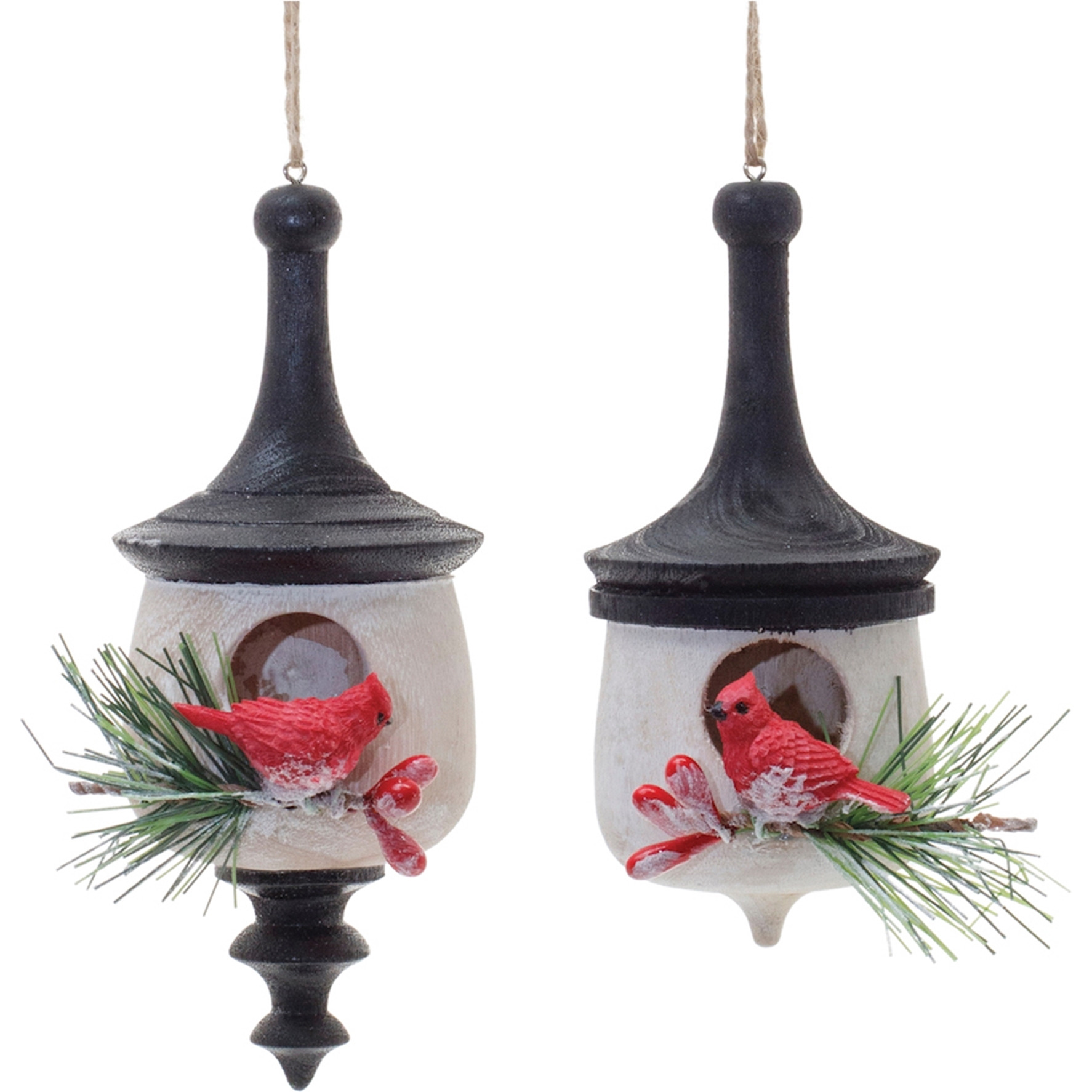 Wood Finial Birdhouse with Cardinal Ornament (Set of 6)