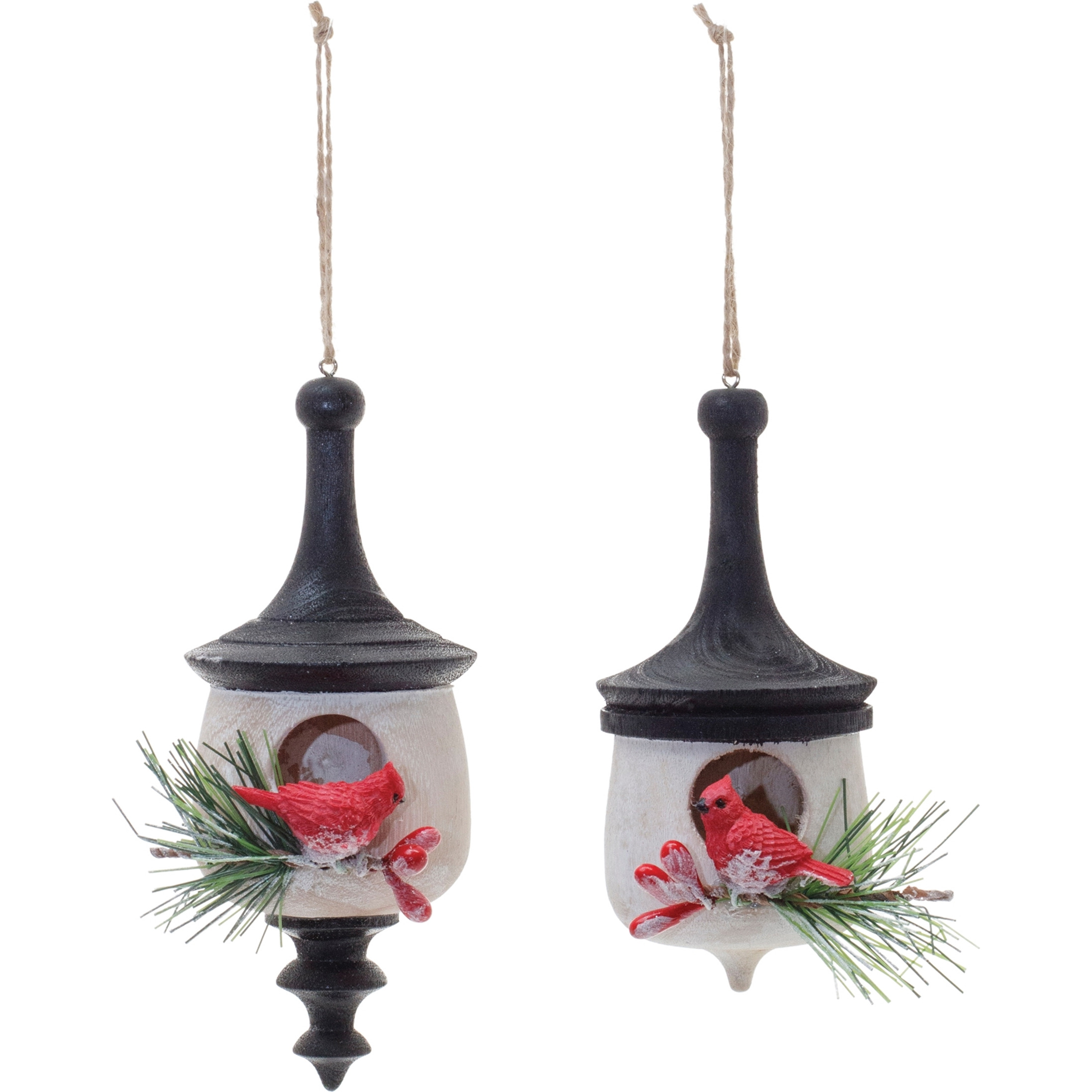 Wood Finial Birdhouse with Cardinal Ornament (Set of 6)