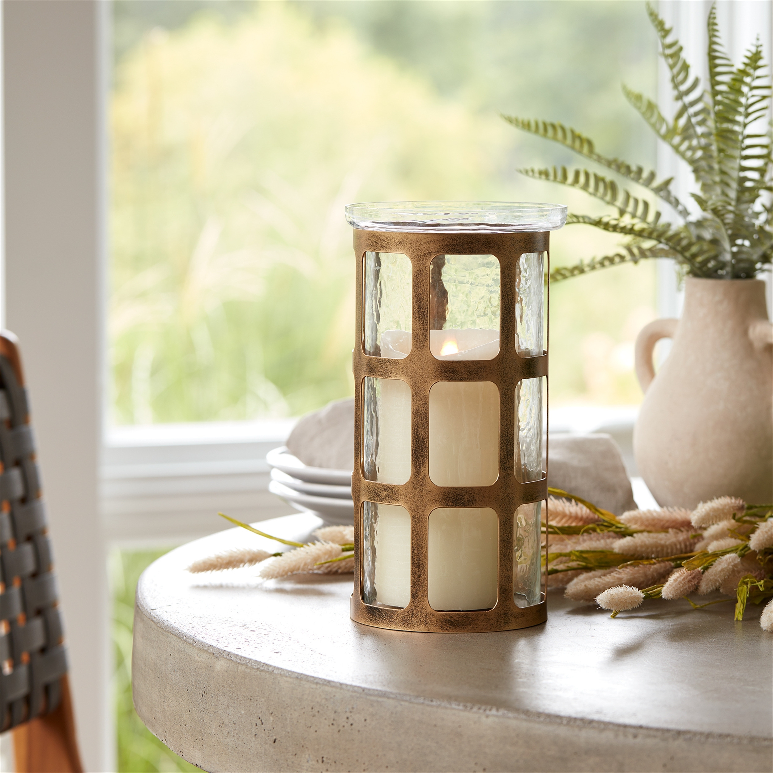 Wavy Glass Candle Holder with Distressed Metal Frame 10&quotH