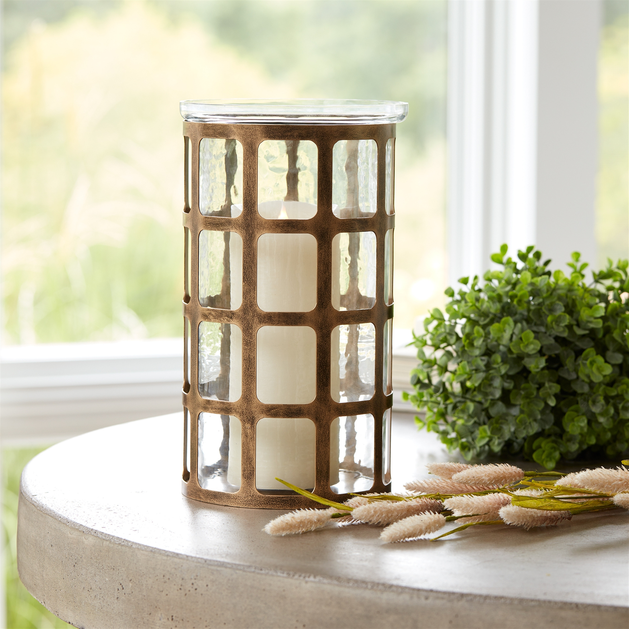 Wavy Glass Candle Holder with Distressed Metal Frame 12.25&quotH