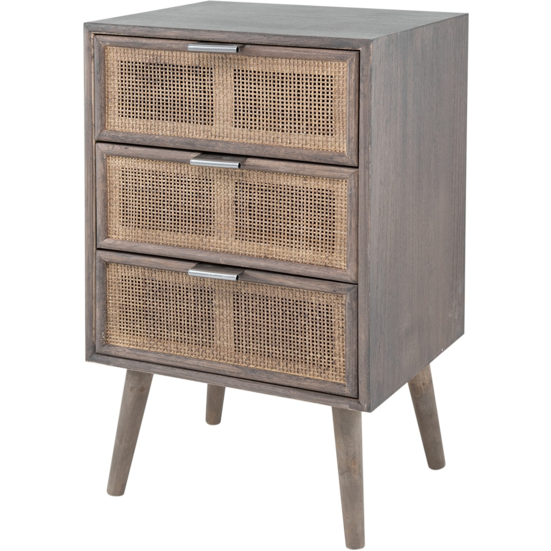Cae 28 Inch Dresser Chest, 3 Drawers, Pine Wood, Rattan Panels, Dark Gray