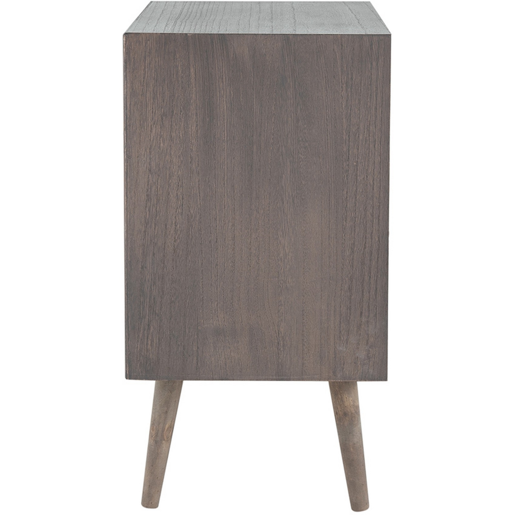 Cae 28 Inch Dresser Chest, 3 Drawers, Pine Wood, Rattan Panels, Dark Gray