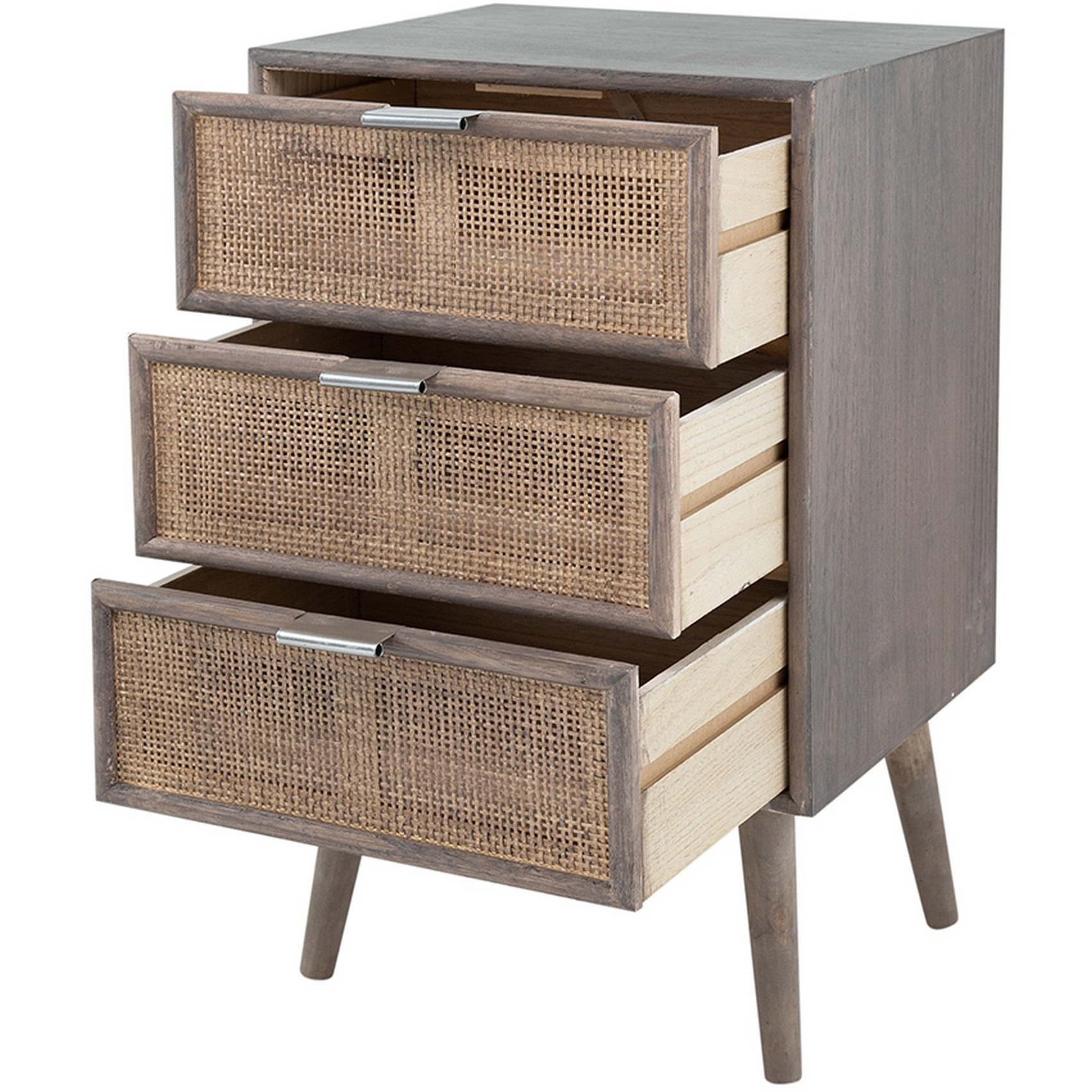 Cae 28 Inch Dresser Chest, 3 Drawers, Pine Wood, Rattan Panels, Dark Gray