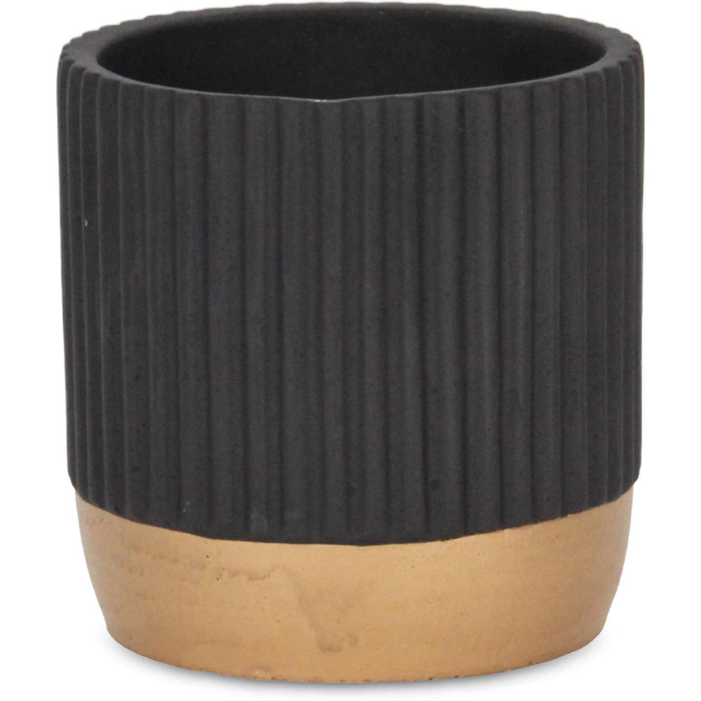 Aurone Round Ridged Ceramic Pot with Gold Finished Base - Large - Black