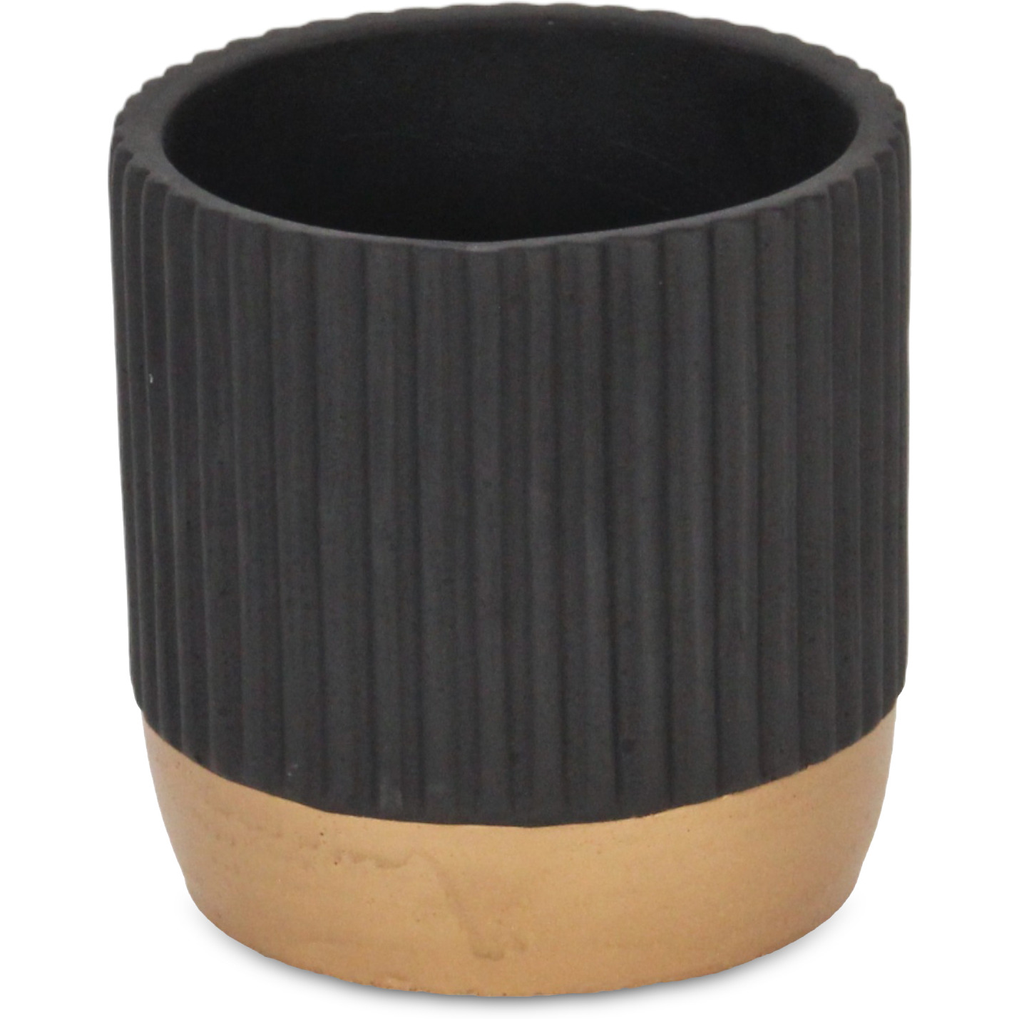 Aurone Round Ridged Ceramic Pot with Gold Finished Base - Large - Black