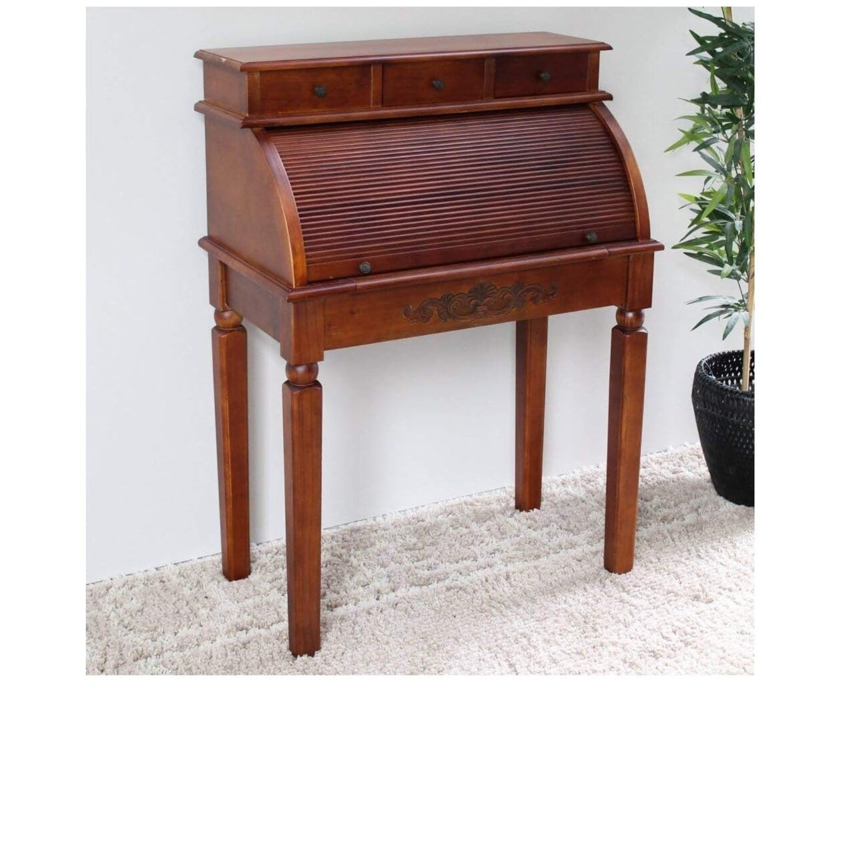 Windsor Carved Wood Roll Top Style Desk/ Vanity - Walnut