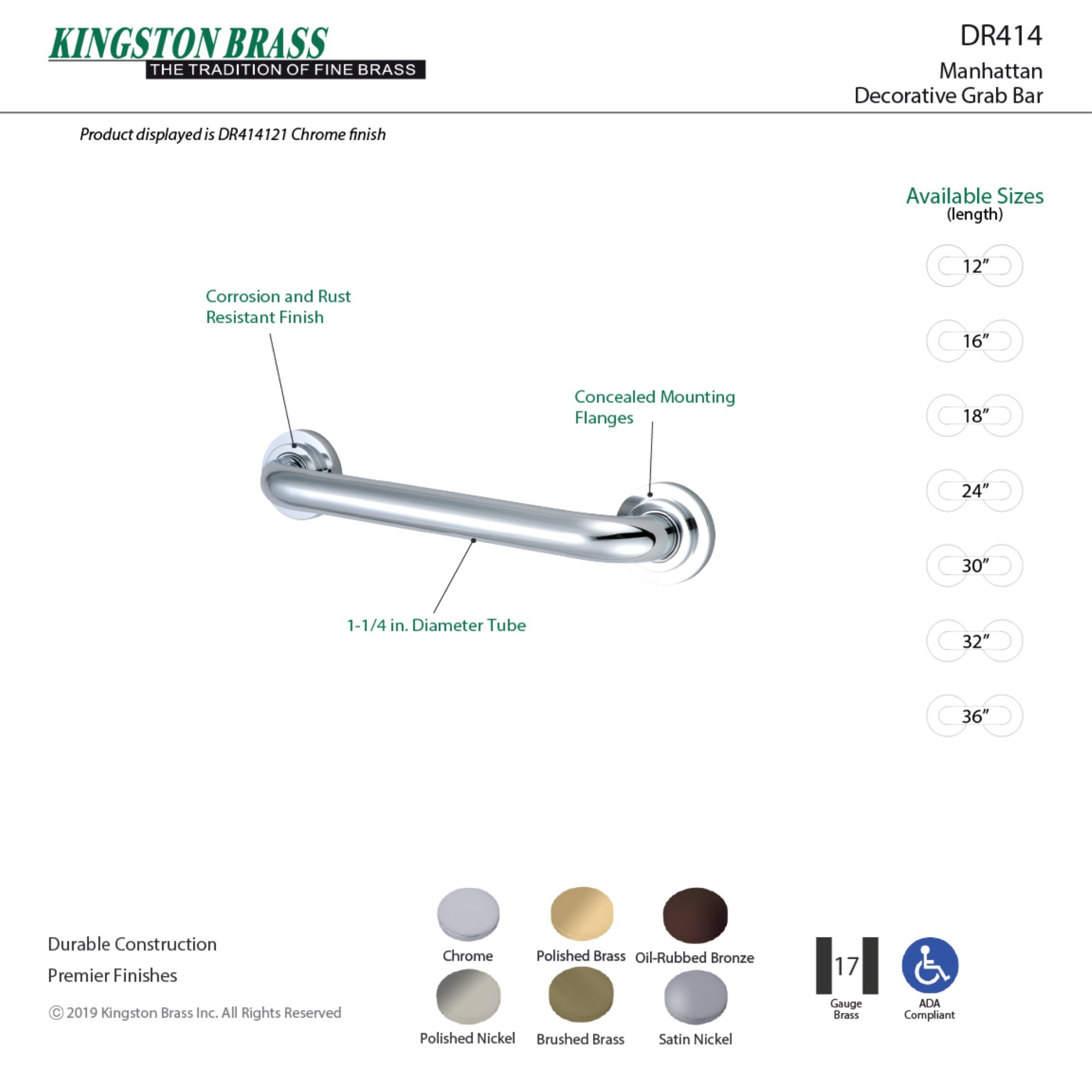 Kingston Brass DR414188 Manhattan 18" Grab Bar, Brushed Nickel