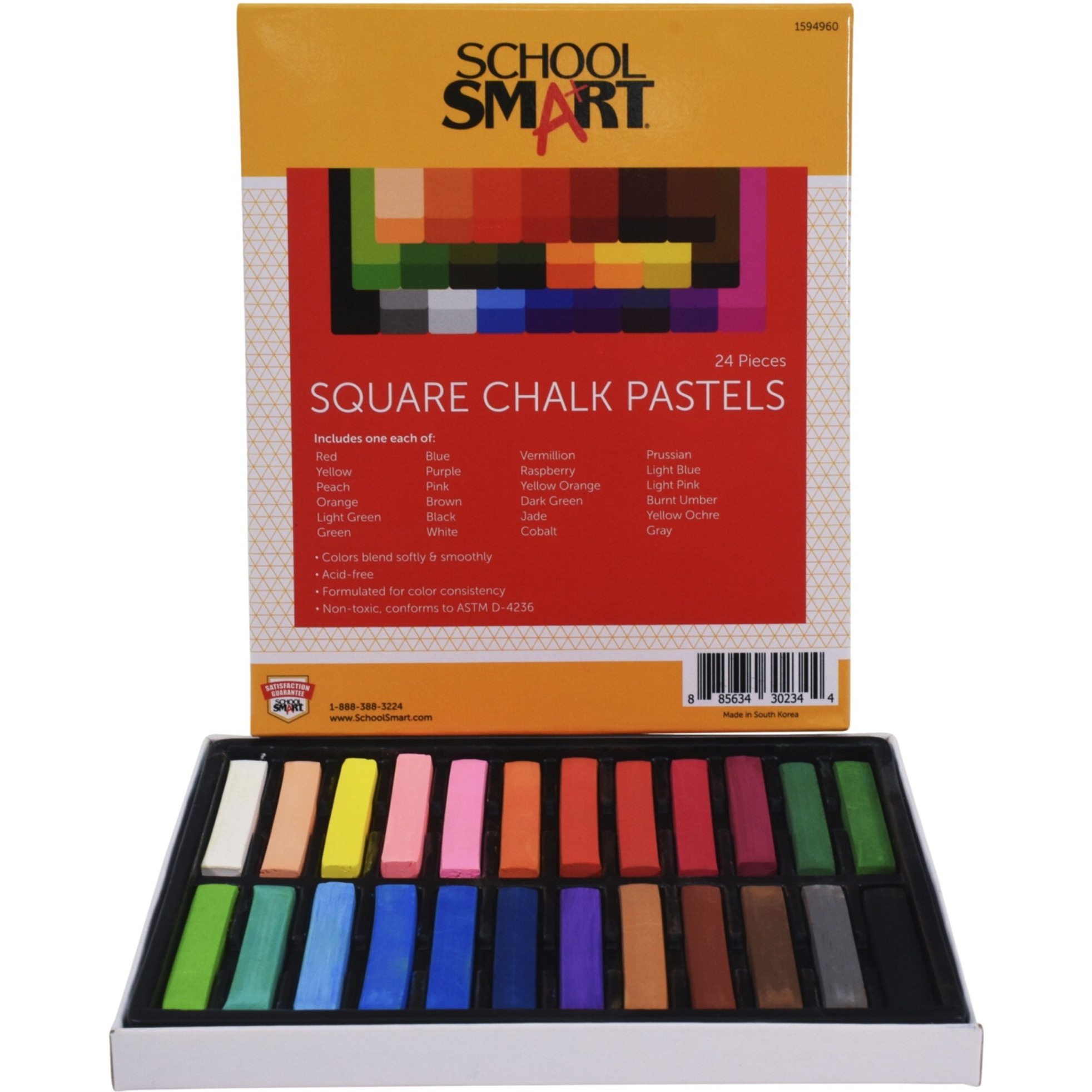 School Smart Square Chalk Pastels, Assorted Colors, Set of 24