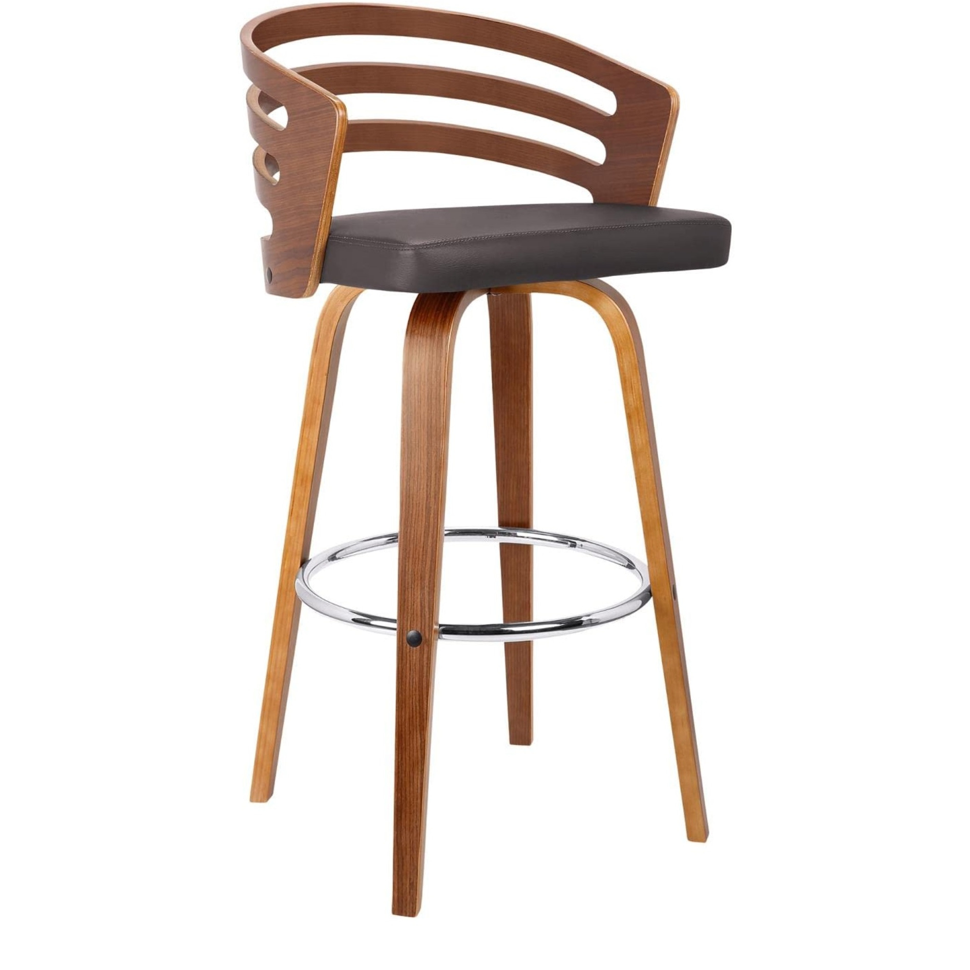 Armen living Jayden 26" Mid-Century Swivel Counter Height Barstool in Brown Faux Leather with Walnut Veneer