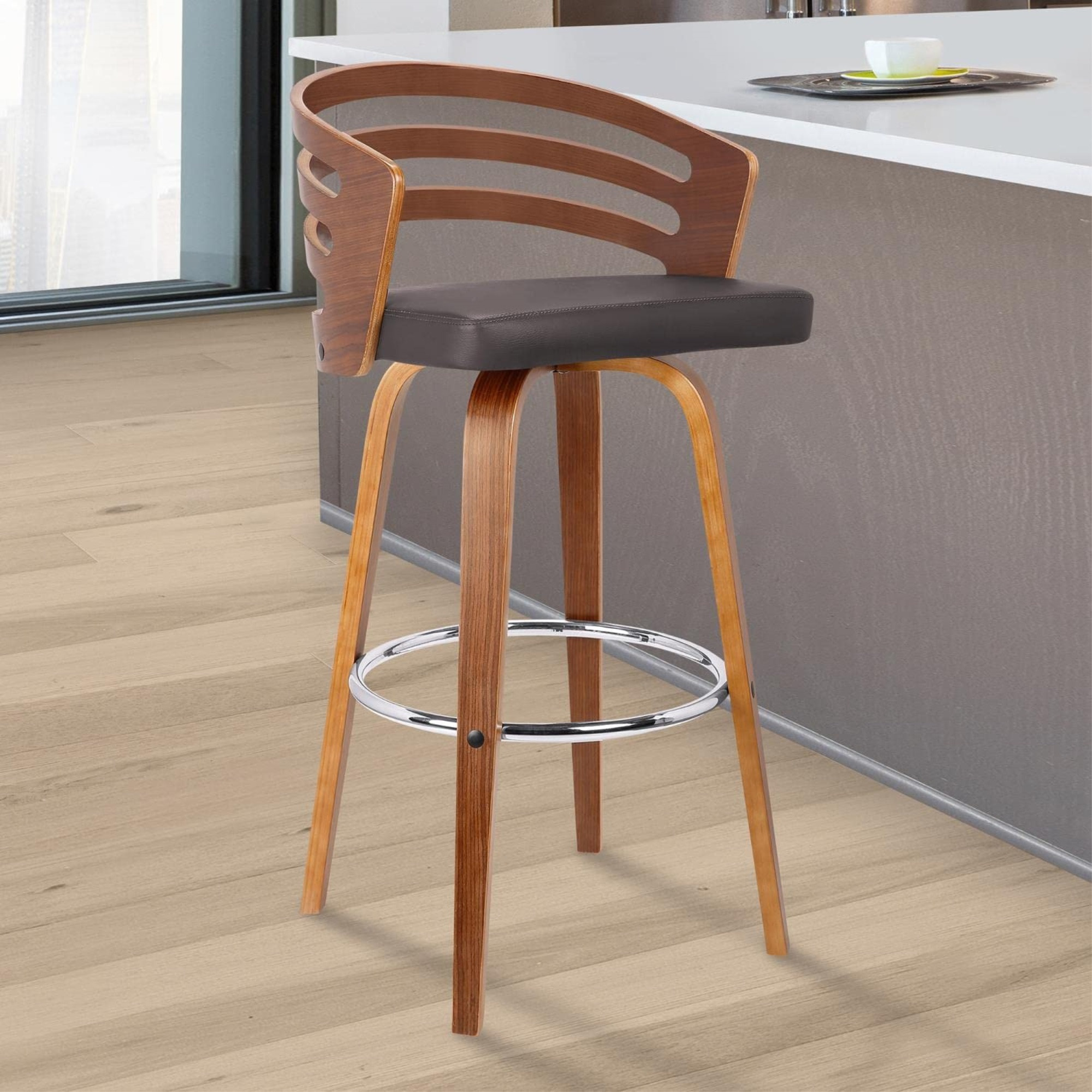 Armen living Jayden 26" Mid-Century Swivel Counter Height Barstool in Brown Faux Leather with Walnut Veneer