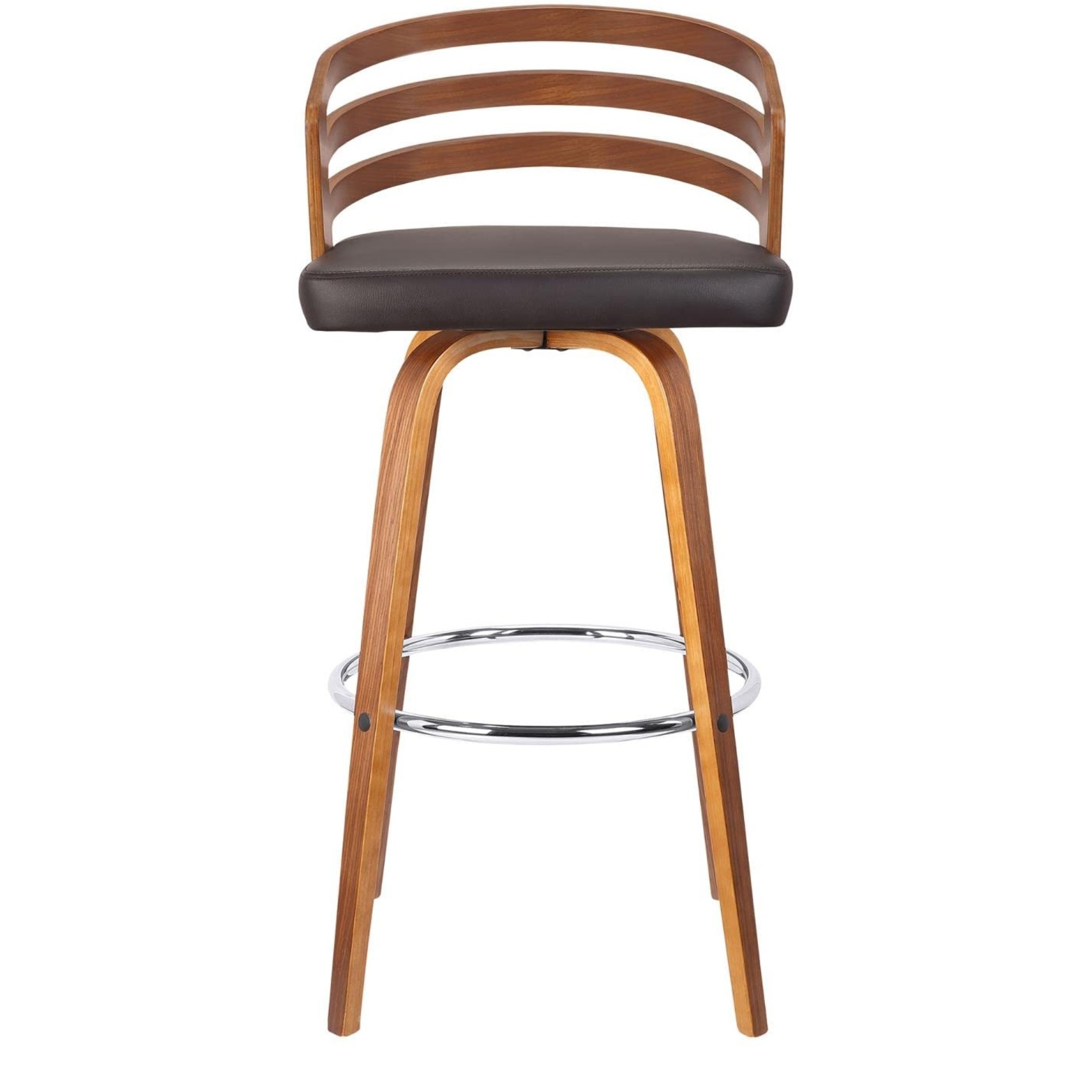 Armen living Jayden 26" Mid-Century Swivel Counter Height Barstool in Brown Faux Leather with Walnut Veneer
