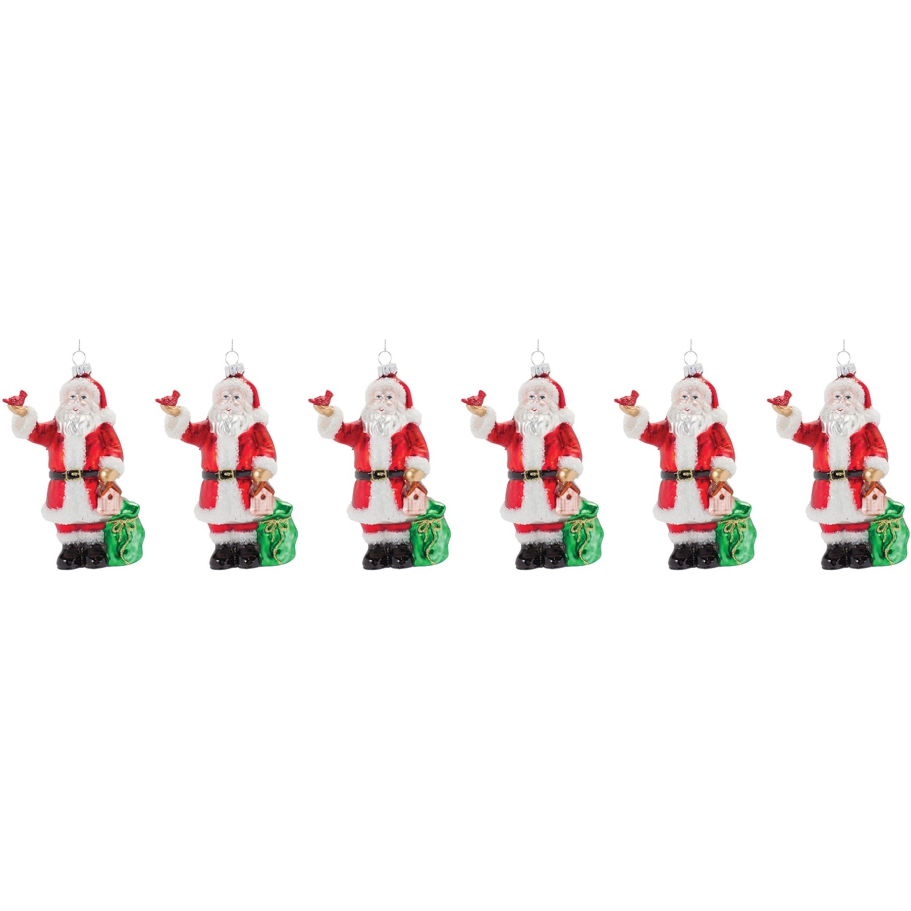 Glass Santa with Cardinal Bird Ornament (Set of 6)
