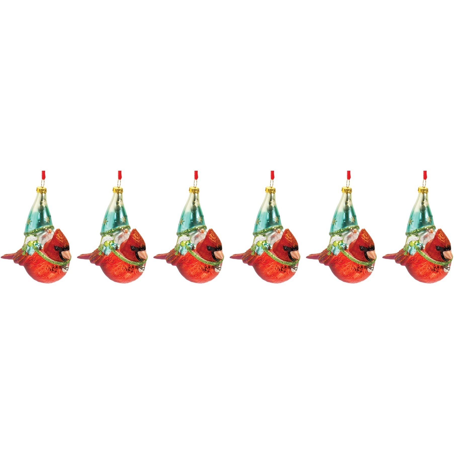 Glass Gnome and Cardinal Bird Ornament (Set of 6)