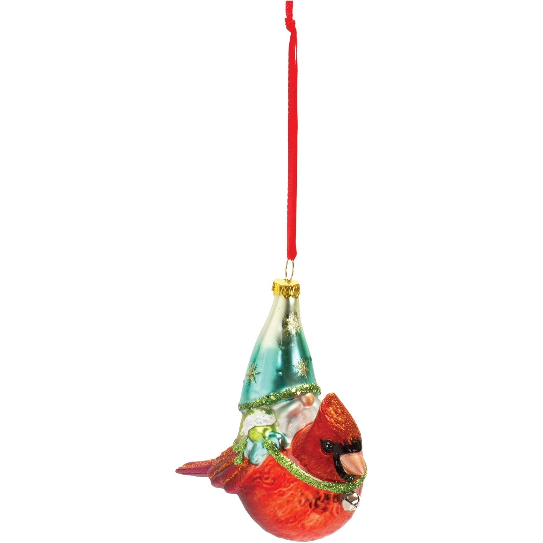 Glass Gnome and Cardinal Bird Ornament (Set of 6)