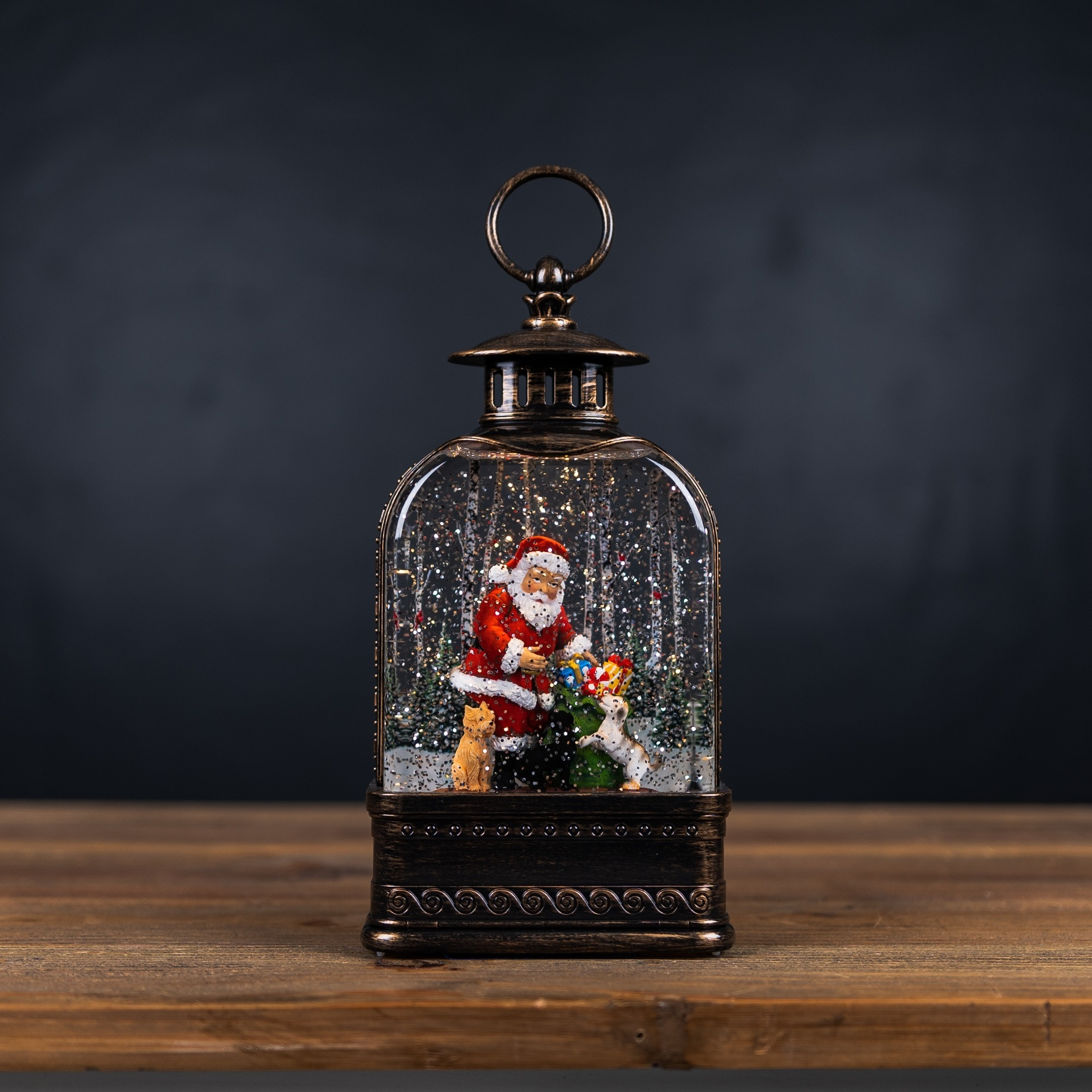LED Snow Globe Lantern with Santa and Dog 11.25&quotH