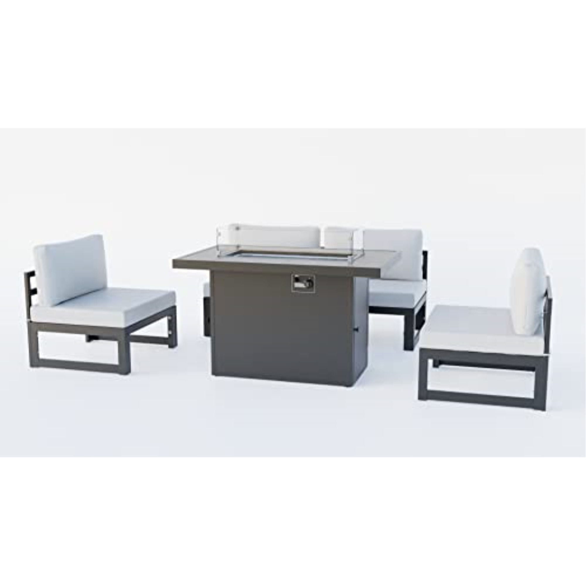 LeisureMod Chelsea 5-Piece Middle Patio Chairs and Fire Pit Table Set Black Aluminum With Cushions