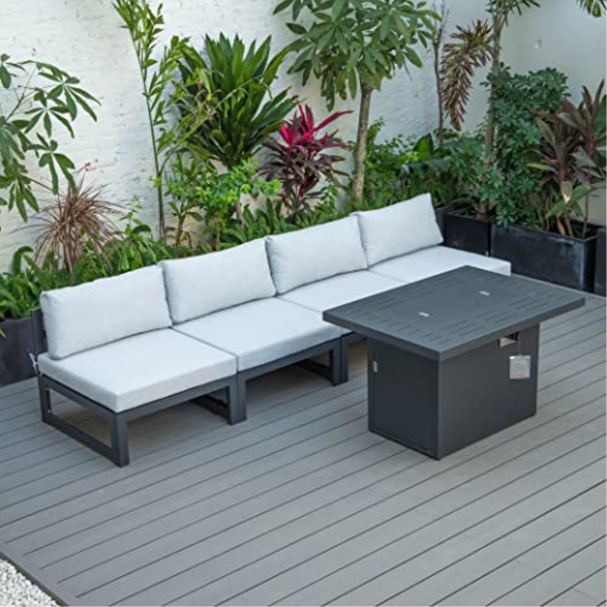 LeisureMod Chelsea 5-Piece Middle Patio Chairs and Fire Pit Table Set Black Aluminum With Cushions