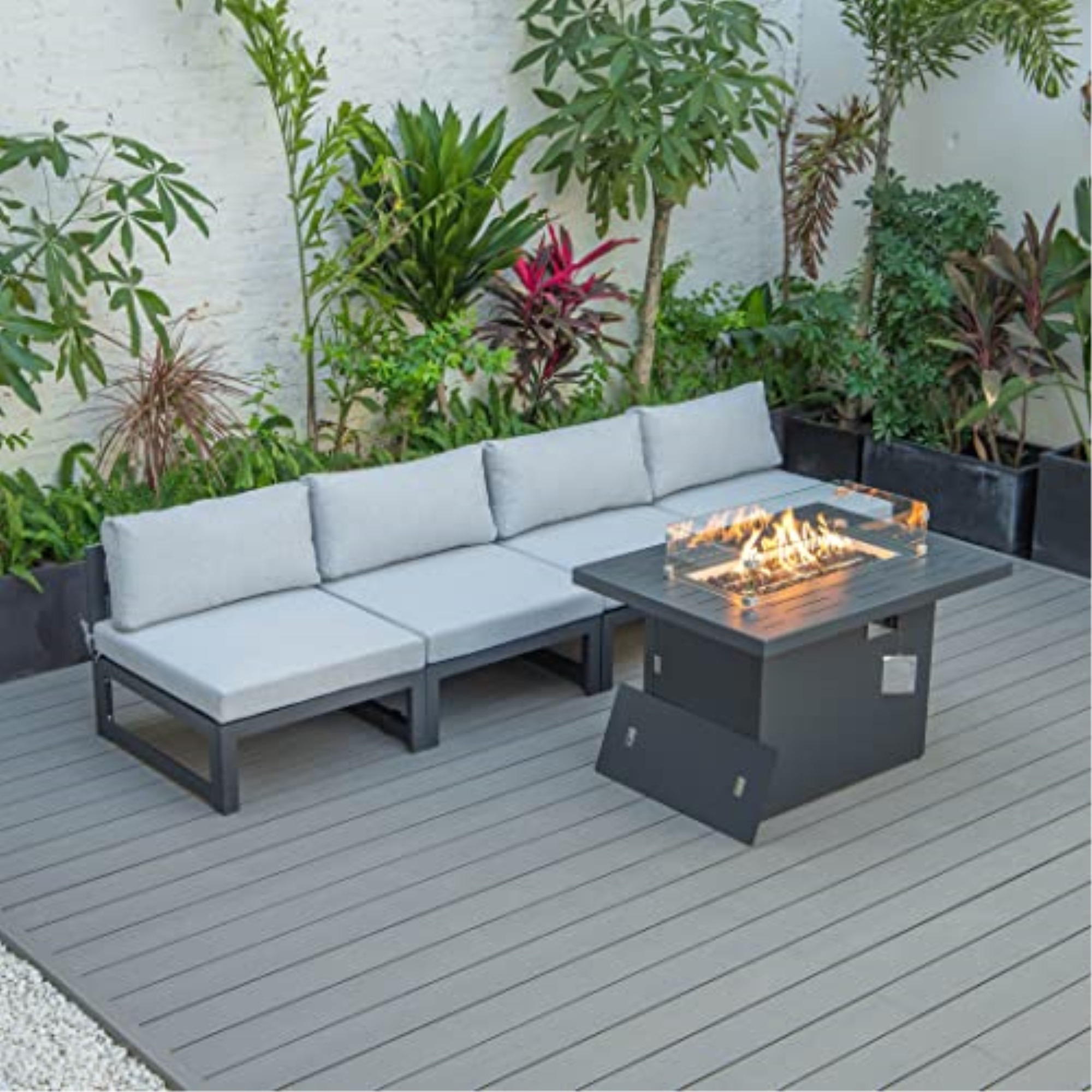 LeisureMod Chelsea 5-Piece Middle Patio Chairs and Fire Pit Table Set Black Aluminum With Cushions