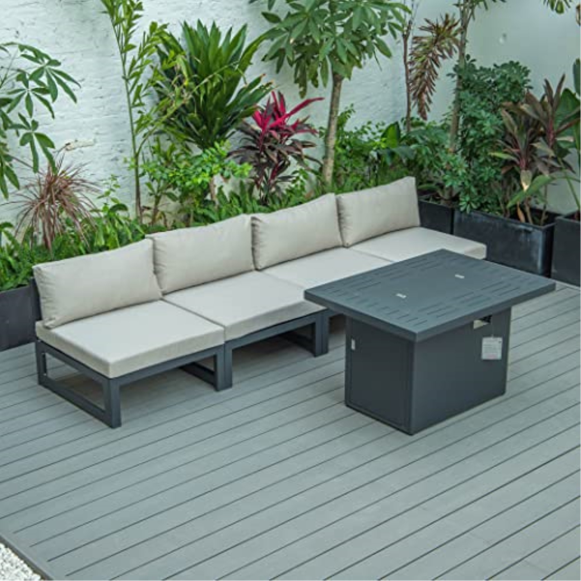 LeisureMod Chelsea 5-Piece Middle Patio Chairs and Fire Pit Table Set Black Aluminum With Cushions
