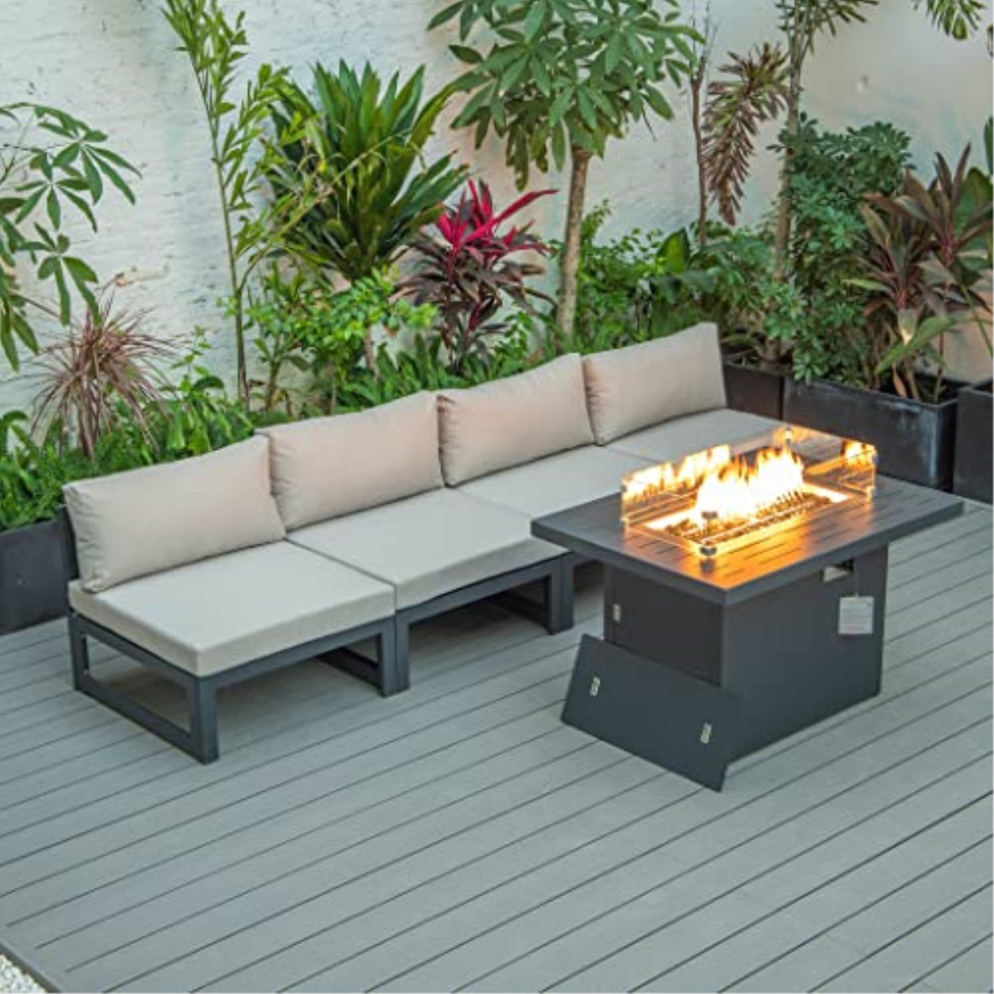 LeisureMod Chelsea 5-Piece Middle Patio Chairs and Fire Pit Table Set Black Aluminum With Cushions