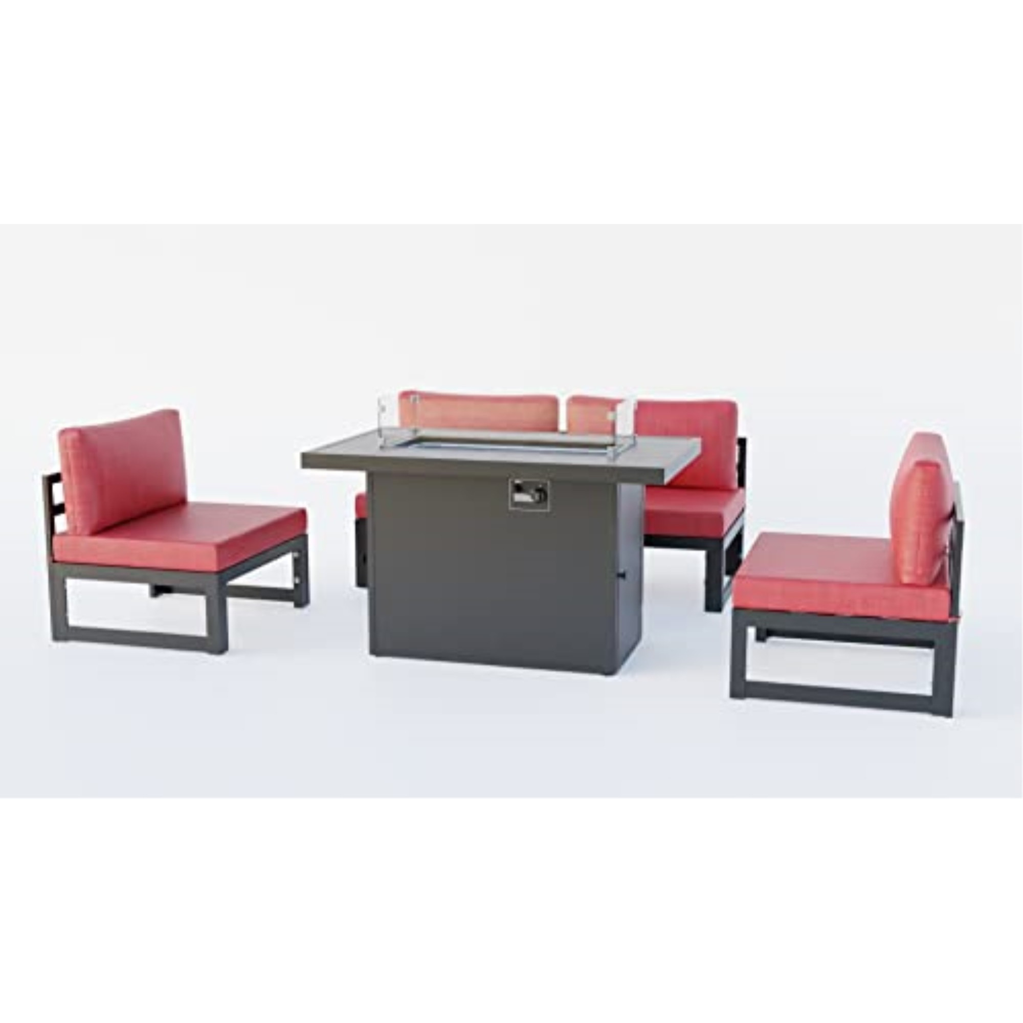 LeisureMod Chelsea 5-Piece Middle Patio Chairs and Fire Pit Table Set Black Aluminum With Cushions