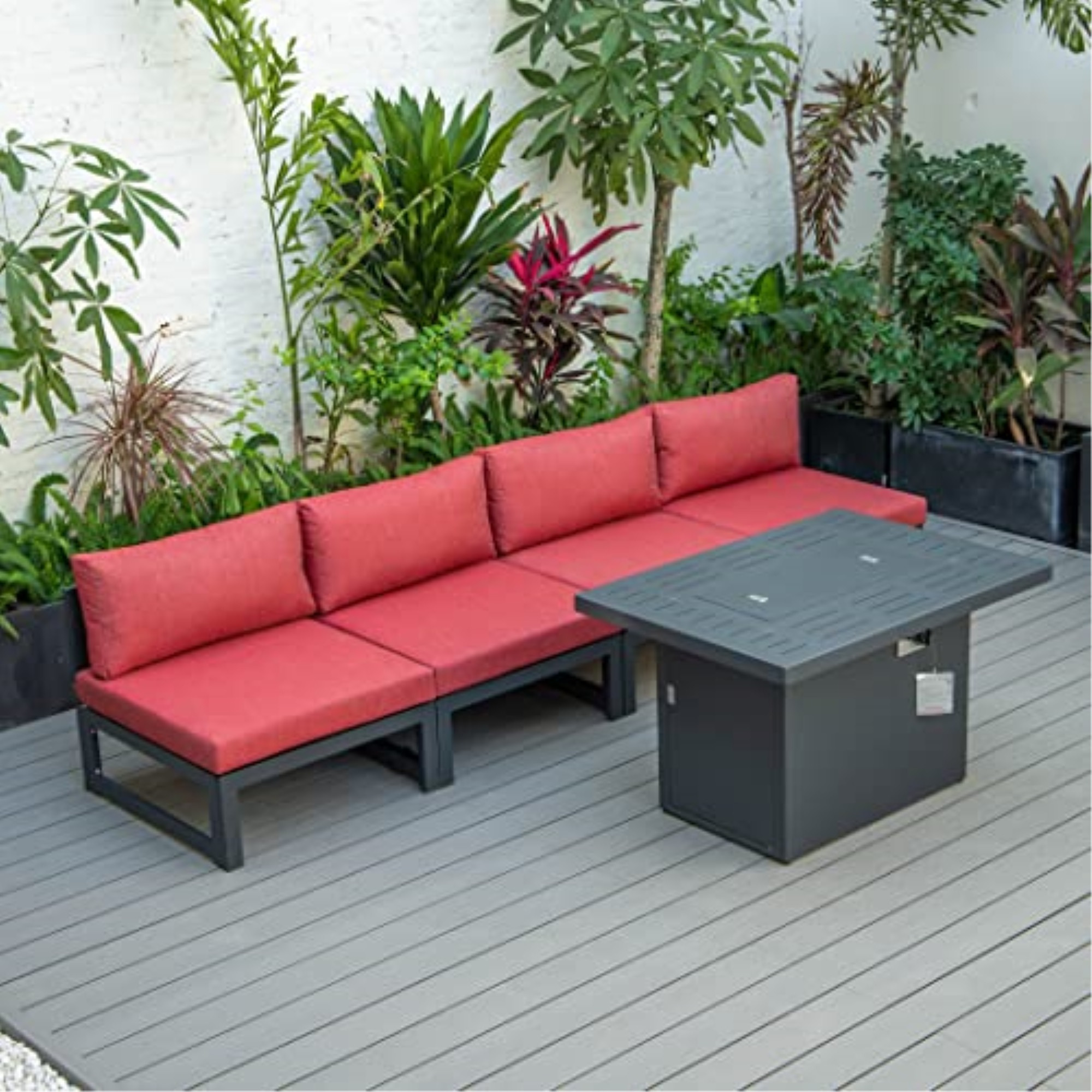 LeisureMod Chelsea 5-Piece Middle Patio Chairs and Fire Pit Table Set Black Aluminum With Cushions
