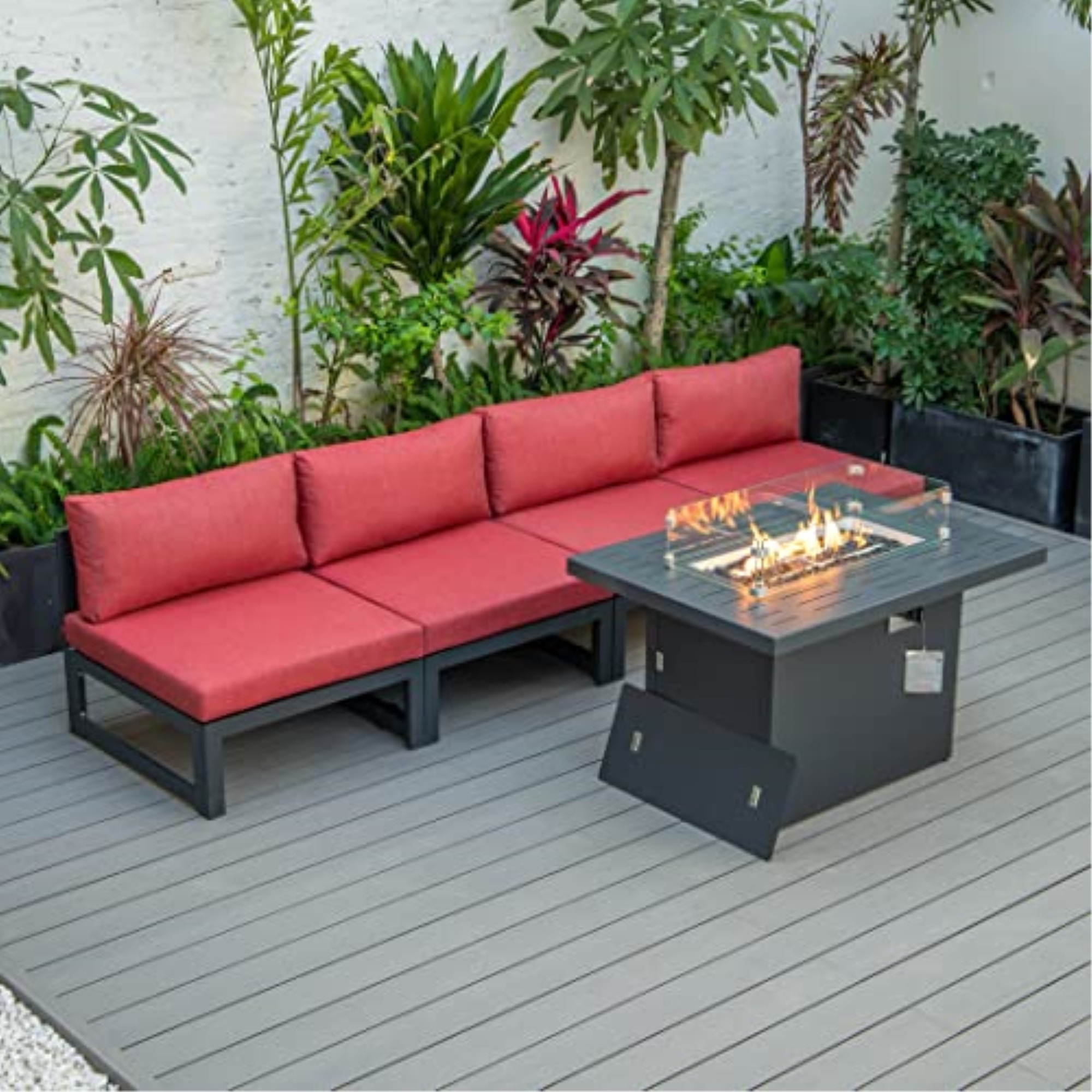 LeisureMod Chelsea 5-Piece Middle Patio Chairs and Fire Pit Table Set Black Aluminum With Cushions