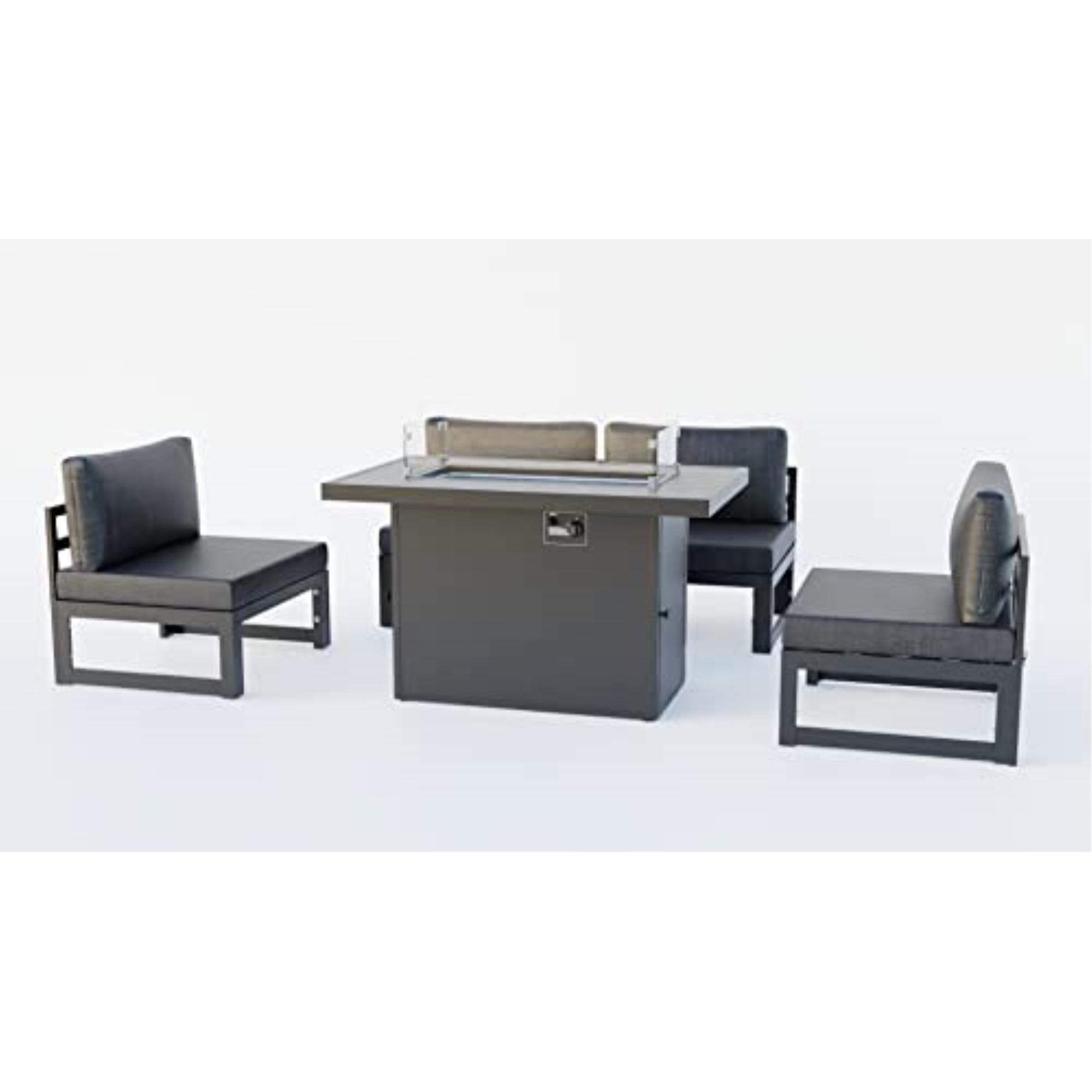 LeisureMod Chelsea 5-Piece Middle Patio Chairs and Fire Pit Table Set Black Aluminum With Cushions