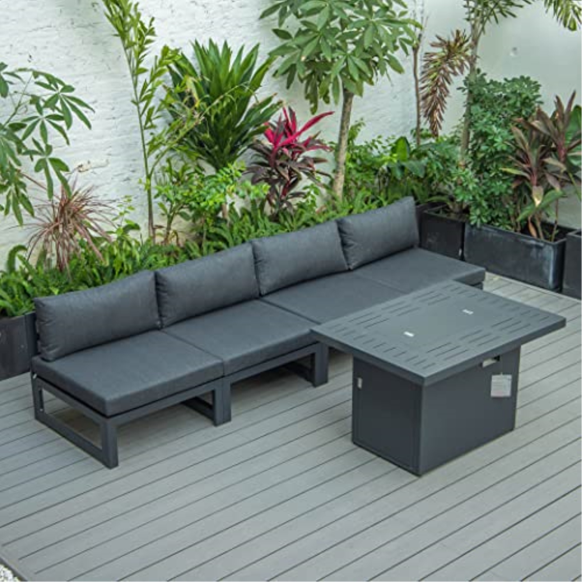 LeisureMod Chelsea 5-Piece Middle Patio Chairs and Fire Pit Table Set Black Aluminum With Cushions