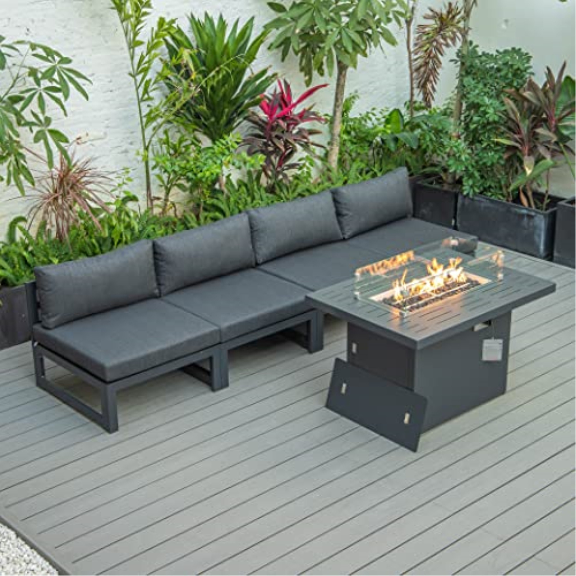 LeisureMod Chelsea 5-Piece Middle Patio Chairs and Fire Pit Table Set Black Aluminum With Cushions