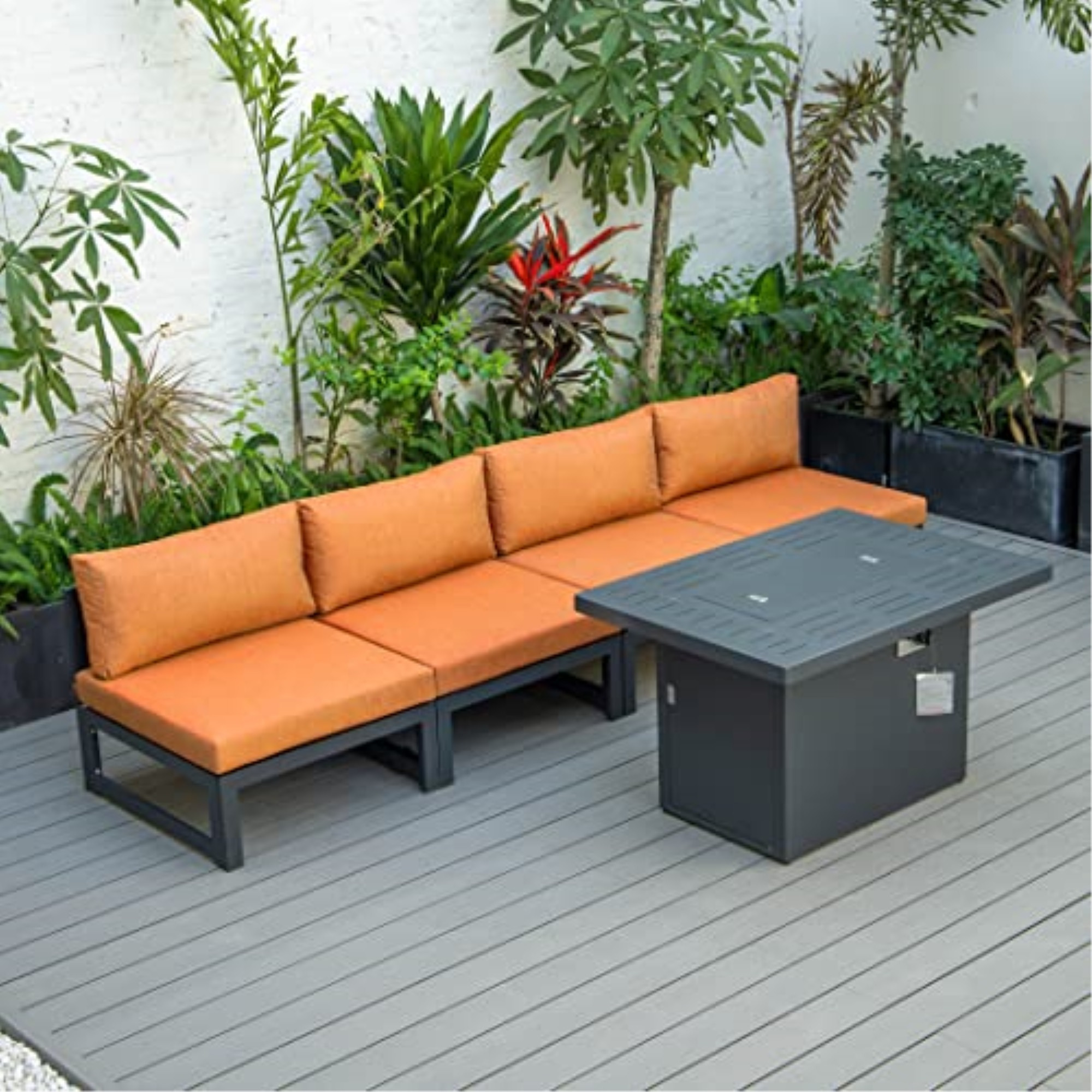 LeisureMod Chelsea 5-Piece Middle Patio Chairs and Fire Pit Table Set Black Aluminum With Cushions