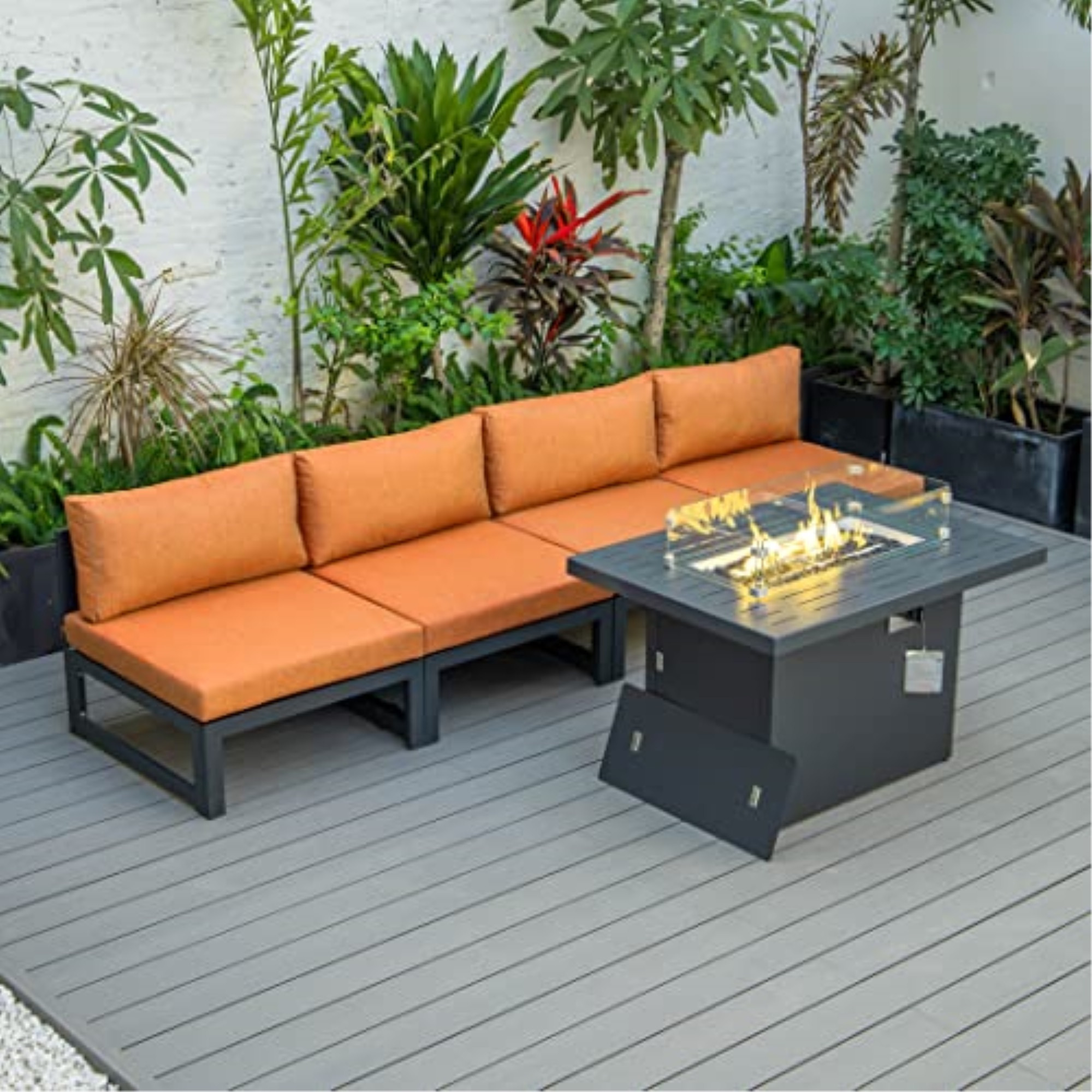 LeisureMod Chelsea 5-Piece Middle Patio Chairs and Fire Pit Table Set Black Aluminum With Cushions