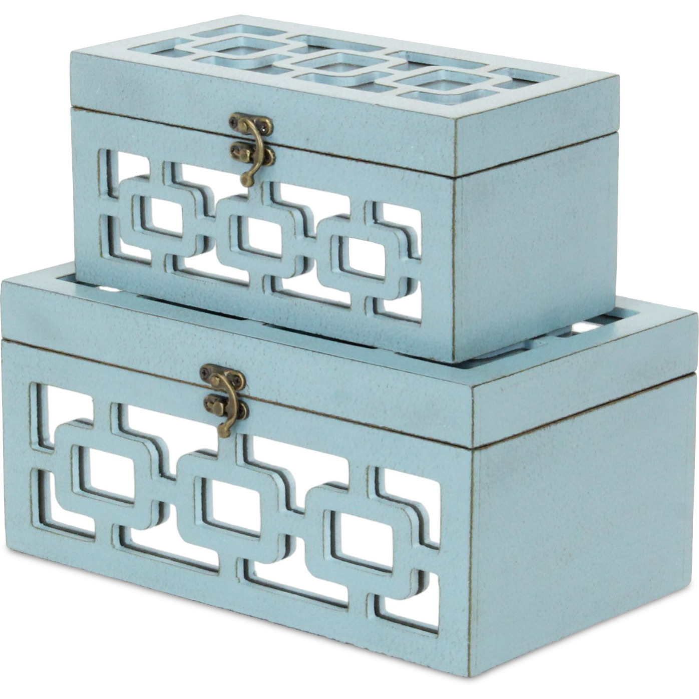 Tessera Set of 2 Distressed Mirrored Wood Boxes - Blue