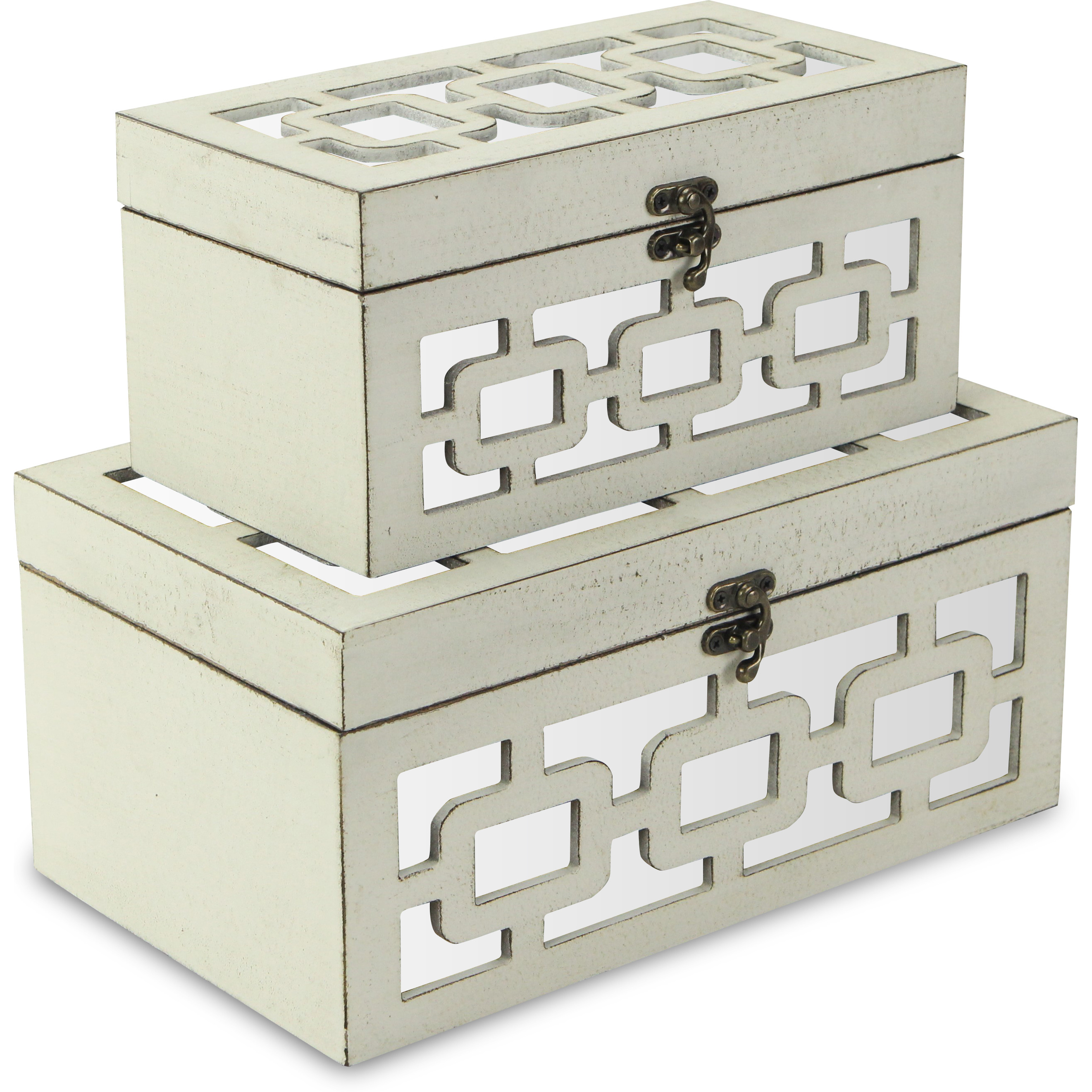 Tessera Set of 2 Distressed Mirrored Wood Boxes - Off White