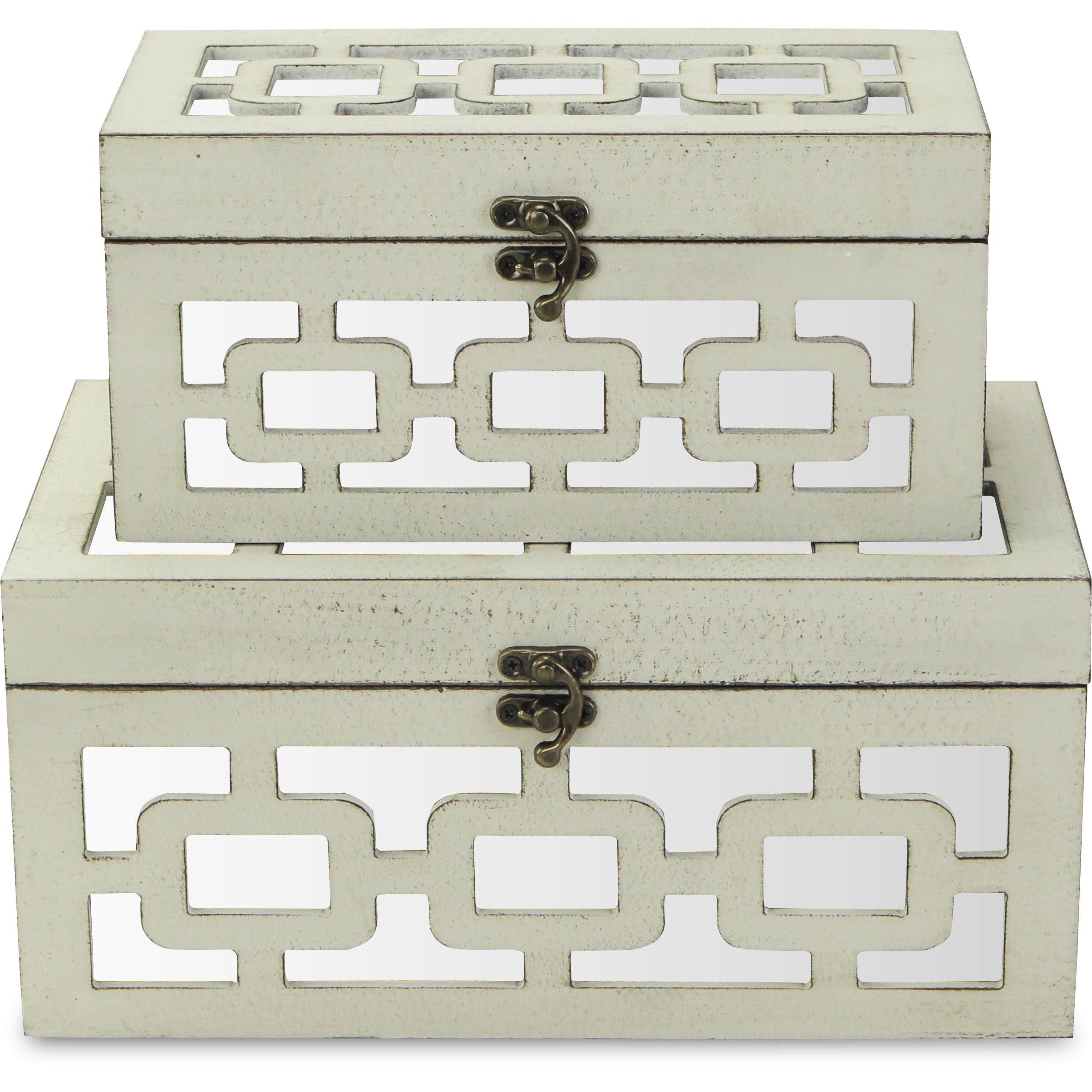 Tessera Set of 2 Distressed Mirrored Wood Boxes - Off White
