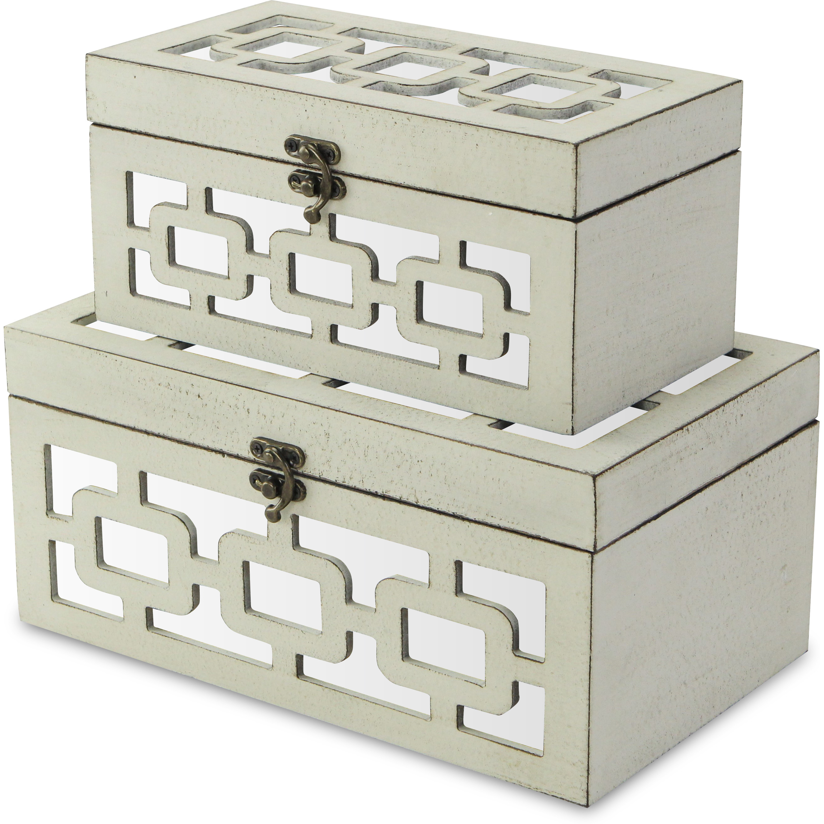 Tessera Set of 2 Distressed Mirrored Wood Boxes - Off White