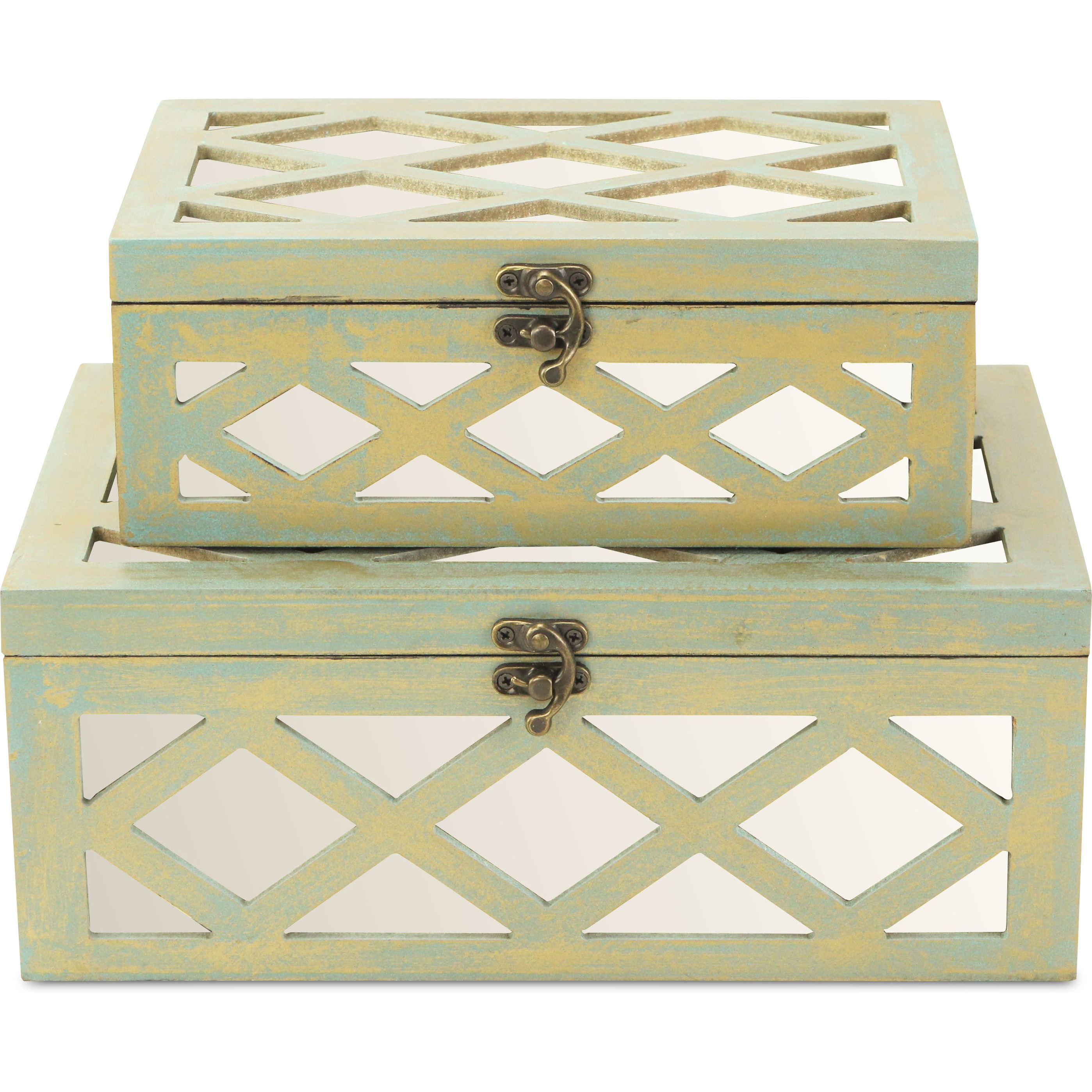 Ebba Set of 2 Distressed Mirrored Boxes - Brushed Gold