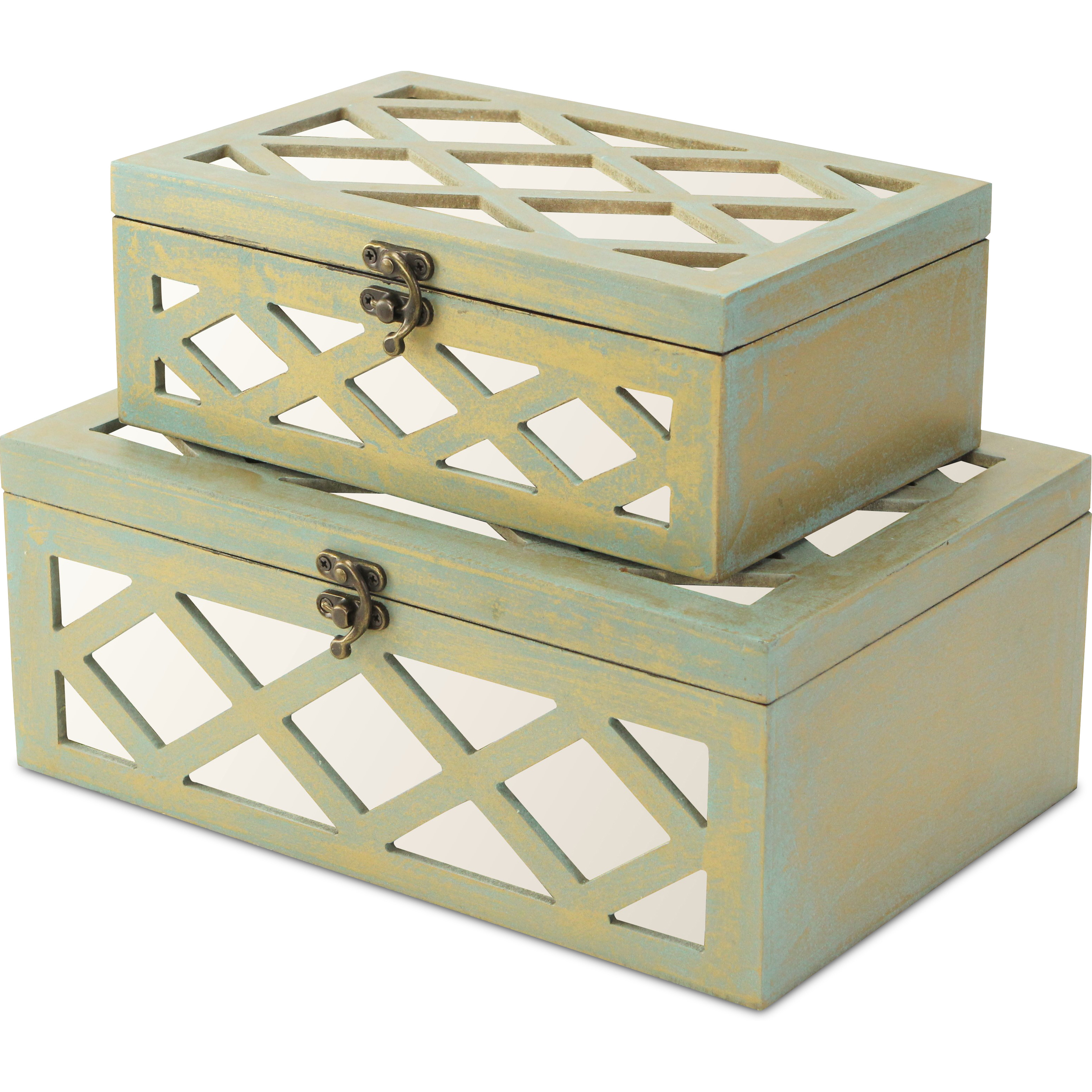 Ebba Set of 2 Distressed Mirrored Boxes - Brushed Gold