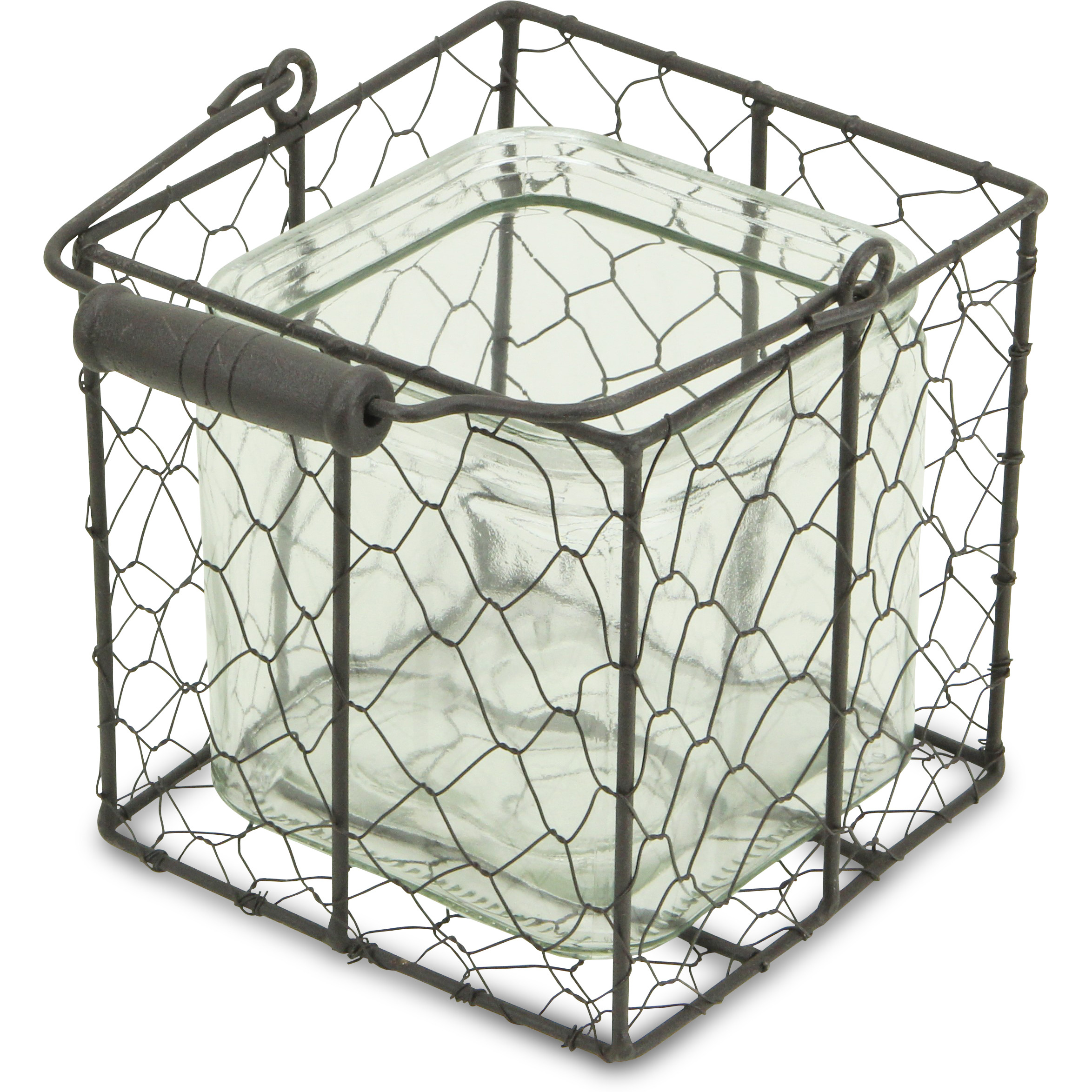 Teska Square Glass Jar in Brown Wire Basket - Large