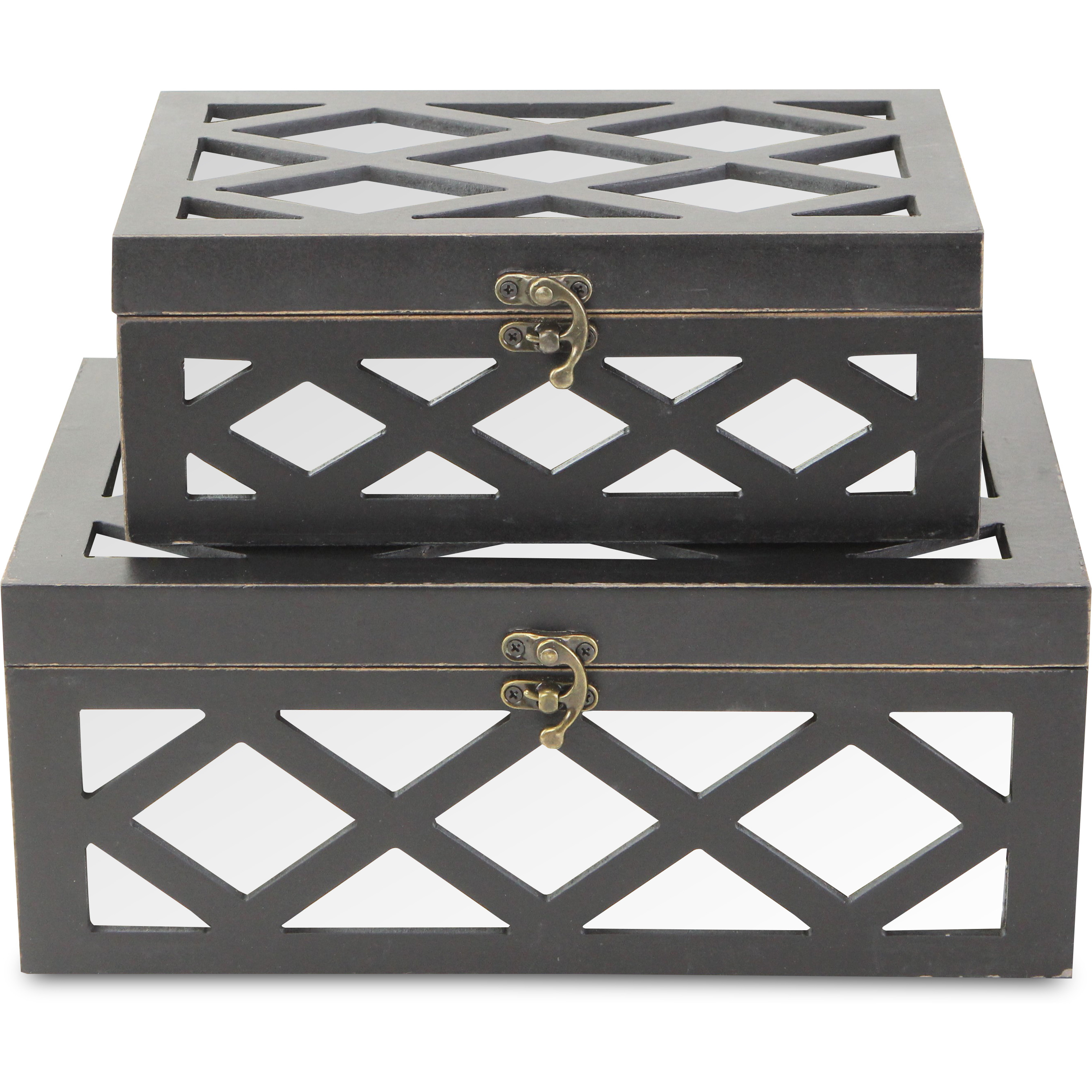 Ebba Set of 2 Wooden Mirrored Boxes - Black