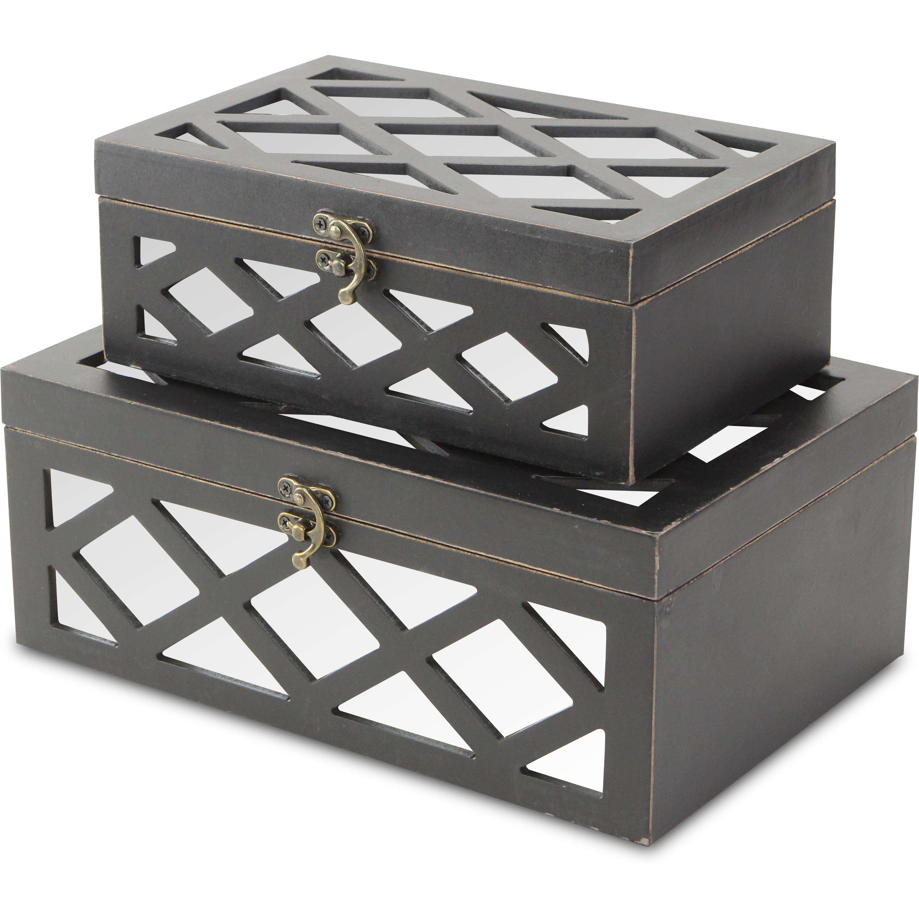 Ebba Set of 2 Wooden Mirrored Boxes - Black