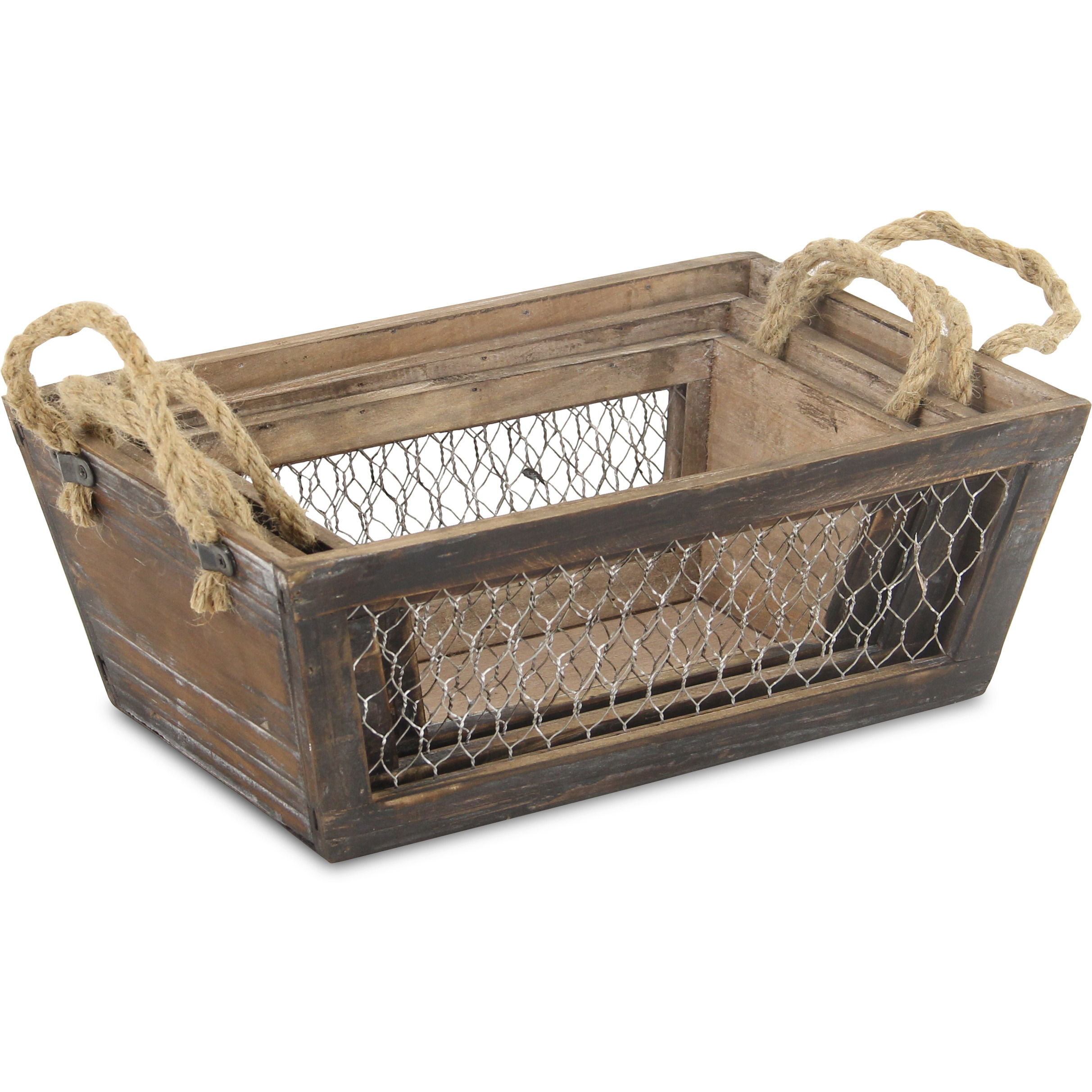 Irona Set of 3 Tapered Wood & Wire Crates - Brown