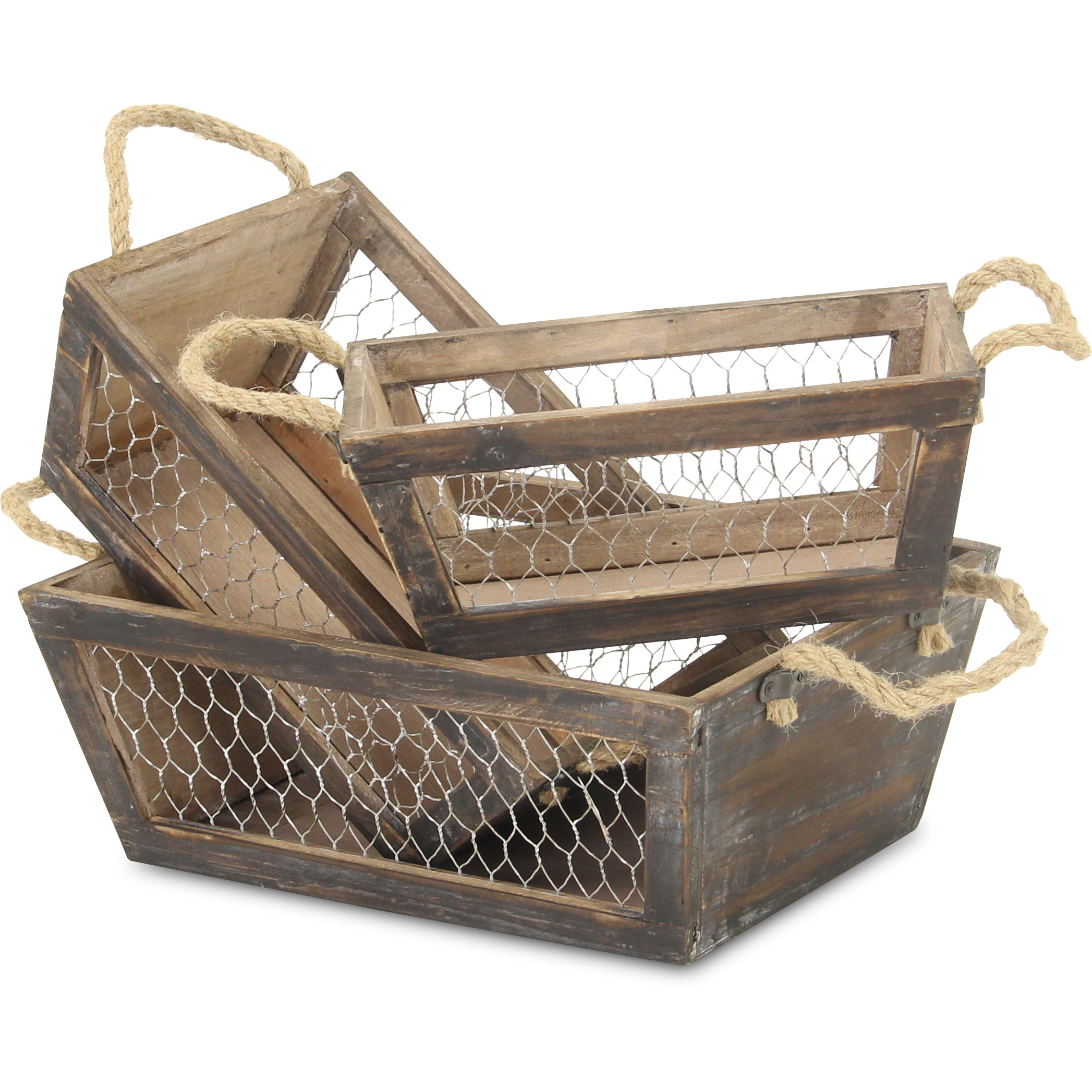 Irona Set of 3 Tapered Wood & Wire Crates - Brown
