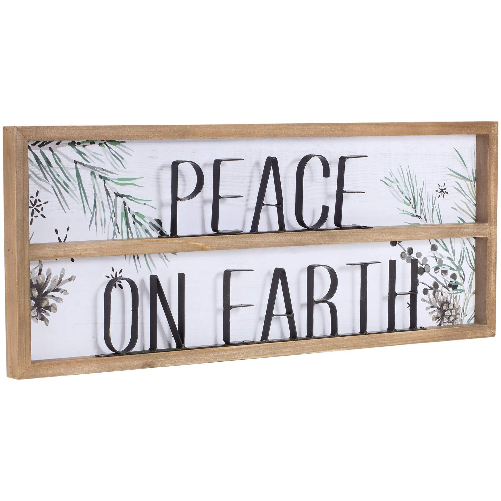 Wood Framed Peace on Earth Sign with Pine Painting (Set of 2)